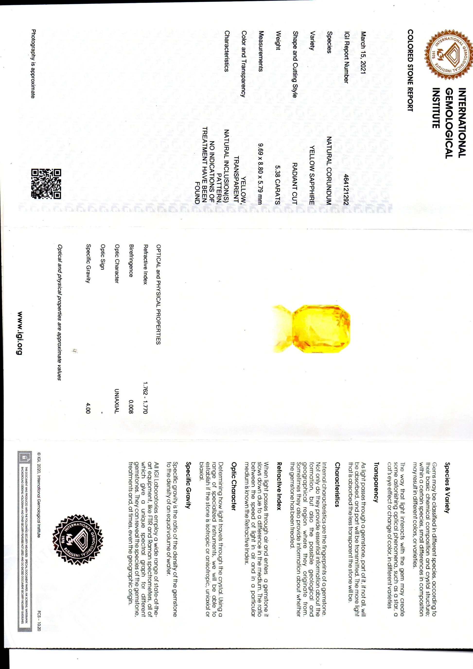 5.38 Ct IGI Certified Unheated Untreated Natural Ceylon Yellow Sapphire AAA