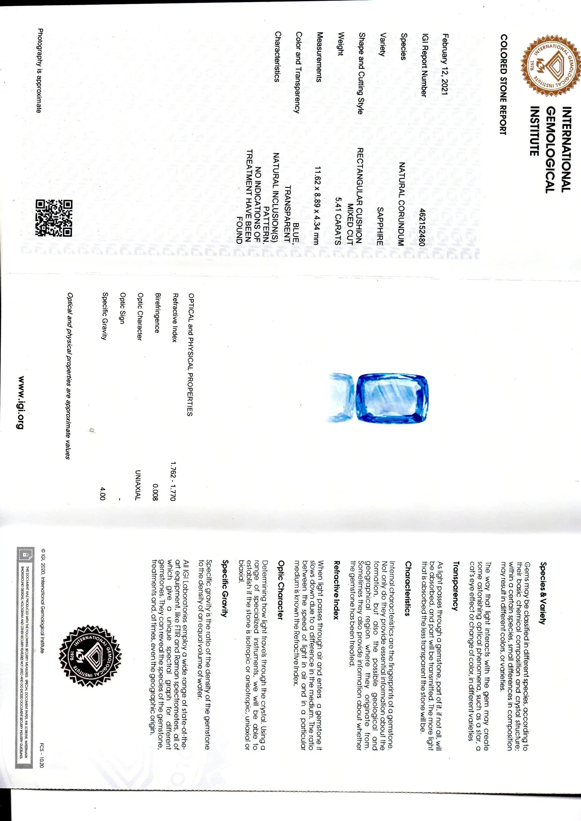 5.41 Ct IGI Certified Unheated Untreated Natural Ceylon Blue Sapphire AA - Venus Gems