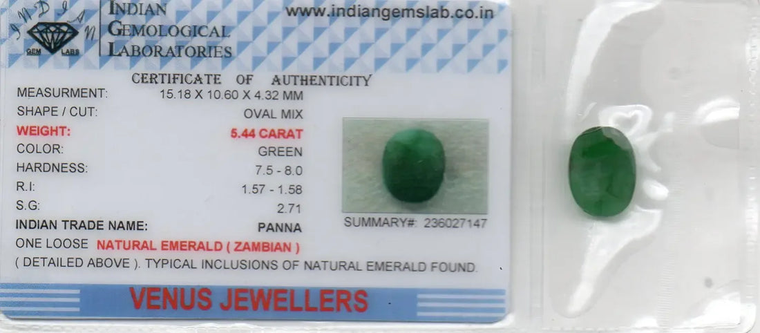 5.44 Ct Certified Untreated Natural Zambian Emerald Panna Gemstone - Venus Gems