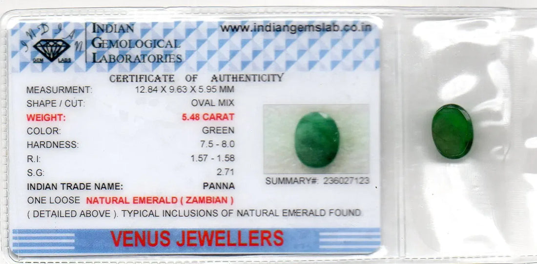 5.48 Ct Certified Untreated Natural Zambian Emerald Panna Gemstone - Venus Gems