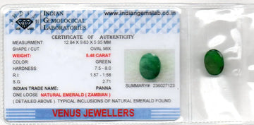 5.48 Ct Certified Untreated Natural Zambian Emerald Panna Gemstone - Venus Gems