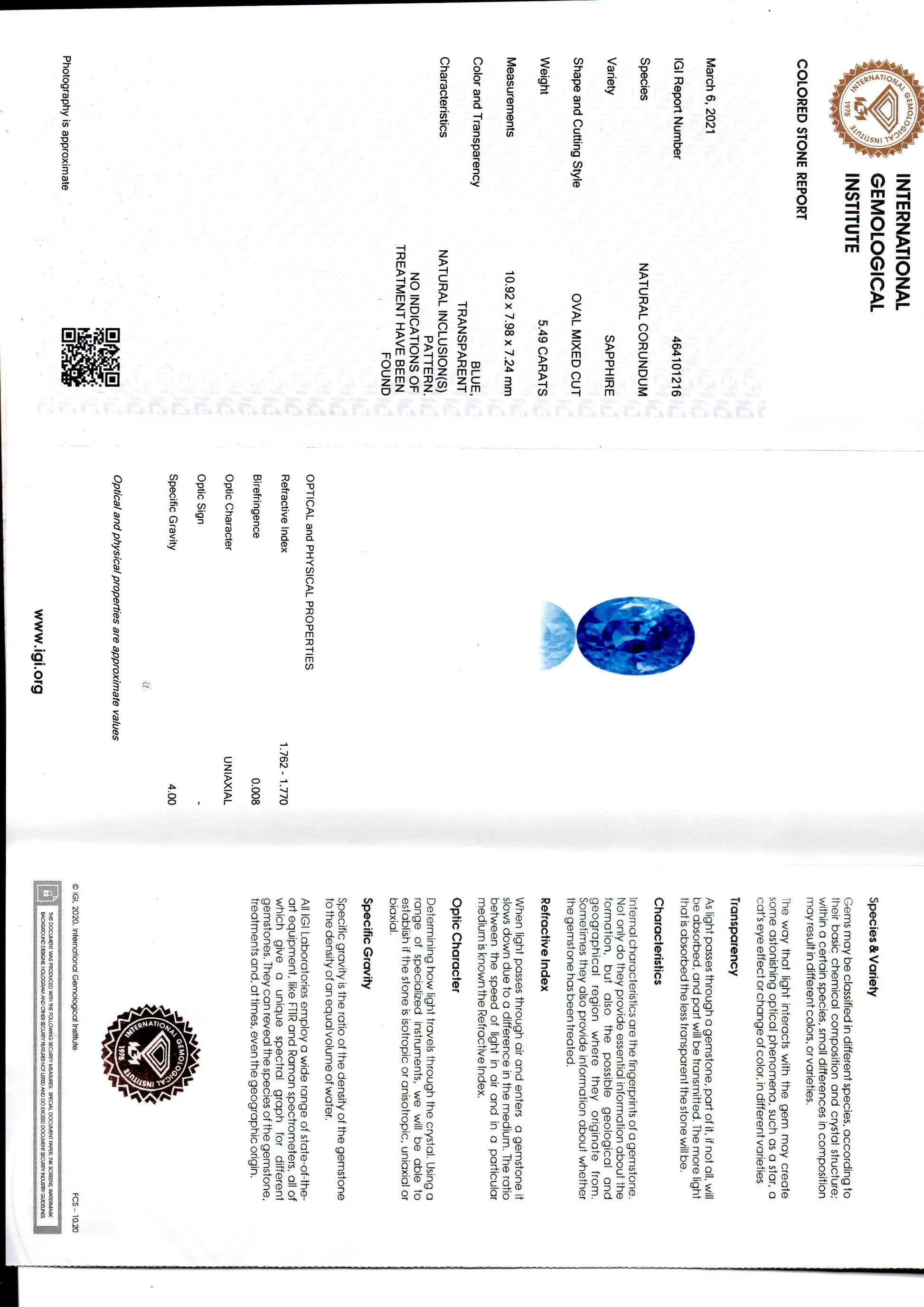 5.49 Ct IGI Certified Unheated Untreated Natural Ceylon Blue Sapphire AA