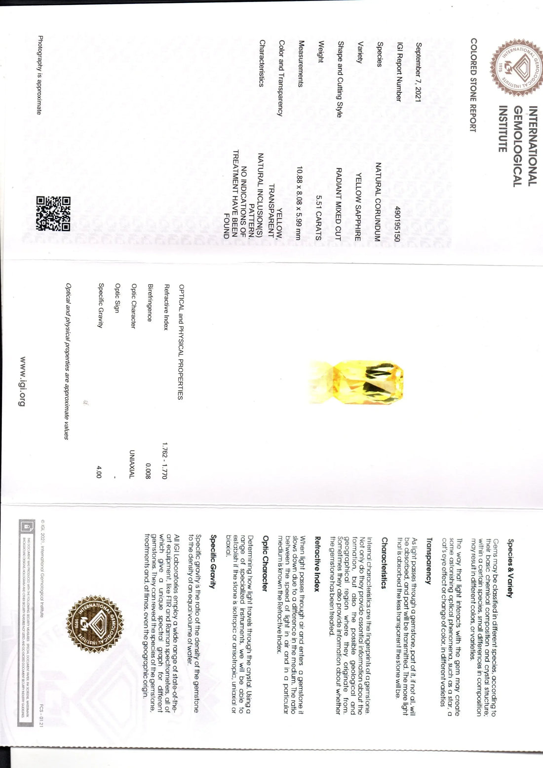 5.51 Ct IGI Certified Unheated Untreated Natural Ceylon Yellow Sapphire AAAA - Venus Gems