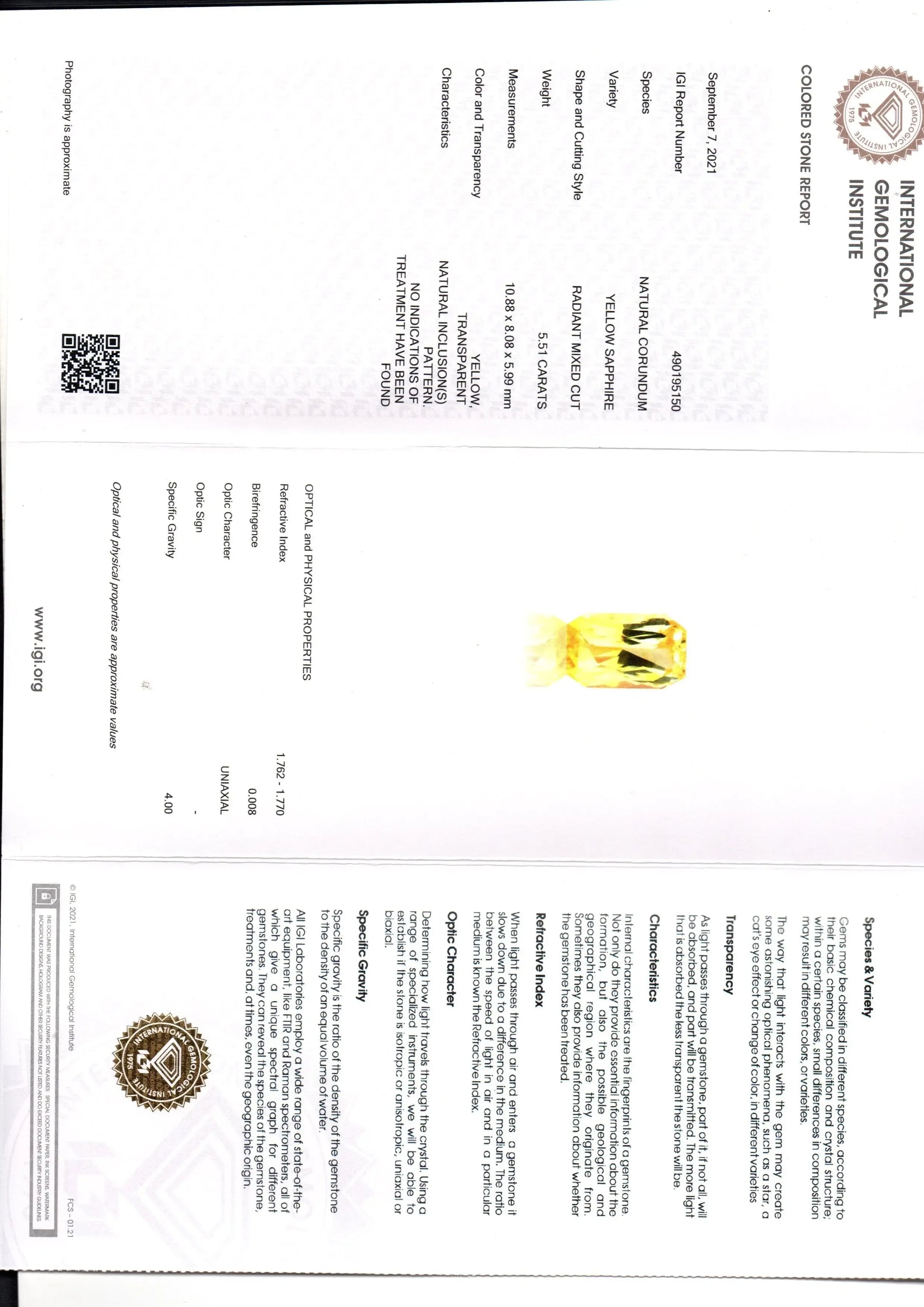 5.51 Ct IGI Certified Unheated Untreated Natural Ceylon Yellow Sapphire AAAA - Venus Gems