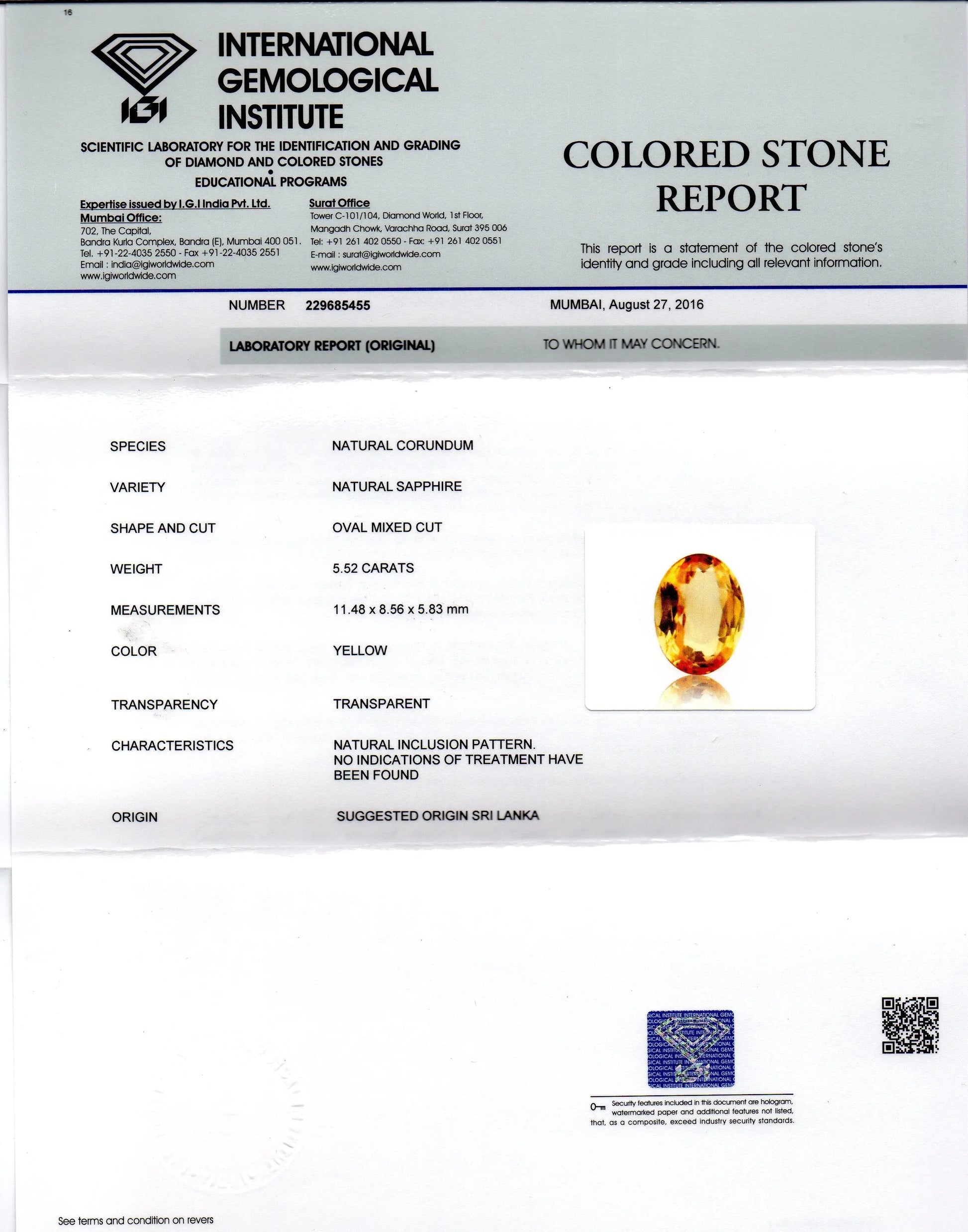 5.52 Ct Unheated Untreated Natural Ceylon Yellow Sapphire AAA++