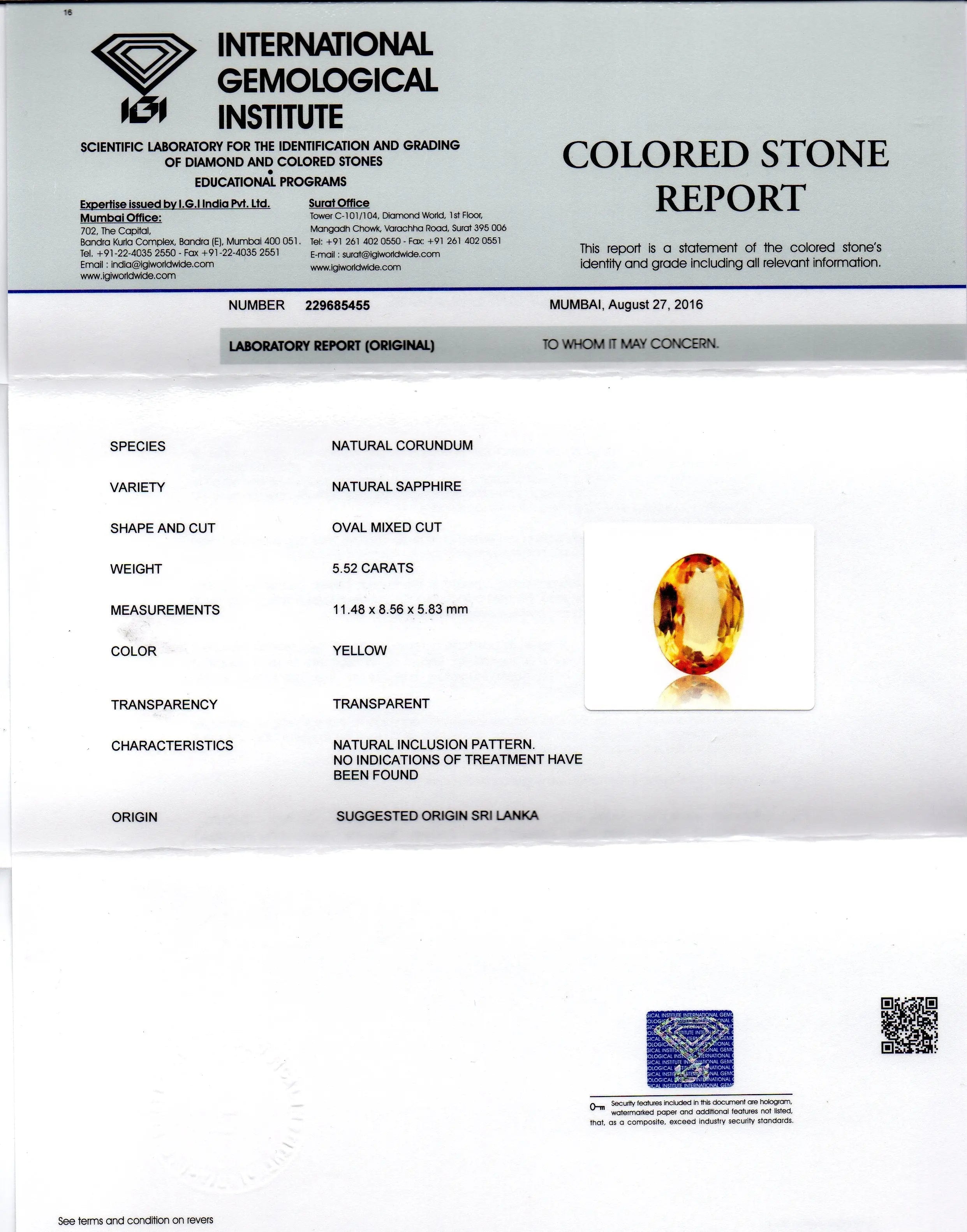 5.52 Ct Unheated Untreated Natural Ceylon Yellow Sapphire AAA++