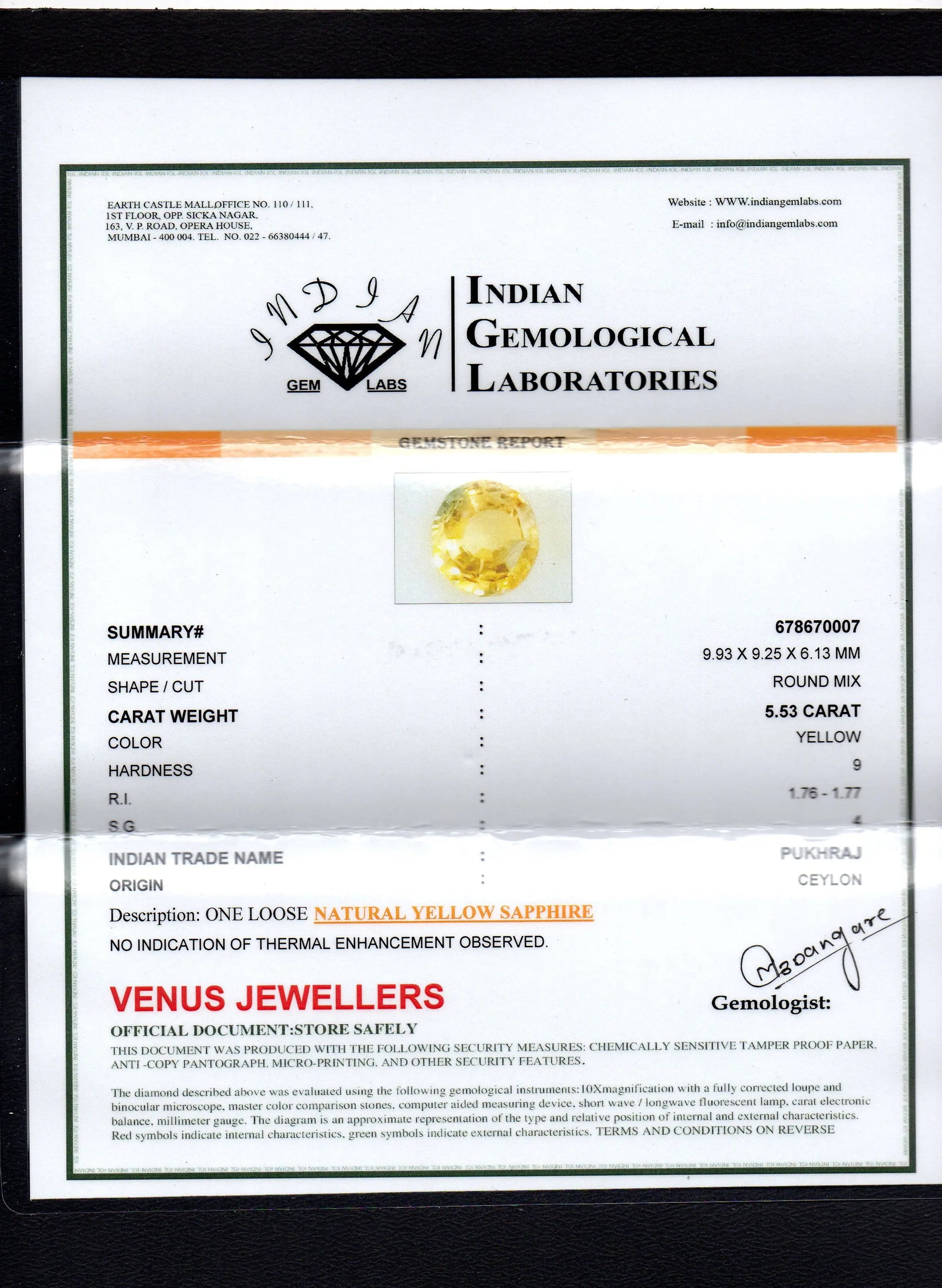 5.53 Ct Untreated Natural Ceylon Yellow Sapphire Gemstones AA