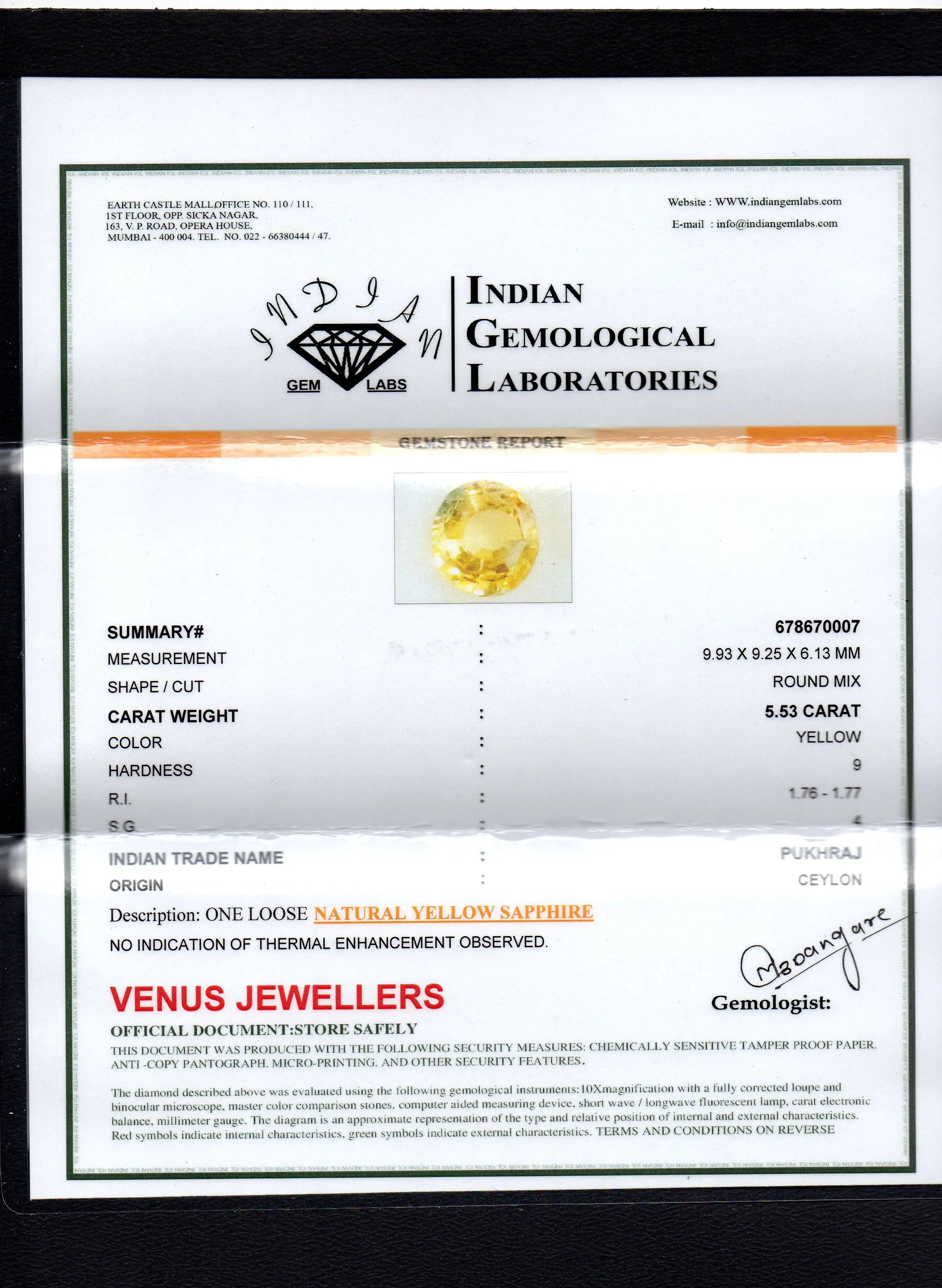 5.53 Ct Untreated Natural Ceylon Yellow Sapphire Gemstones AA