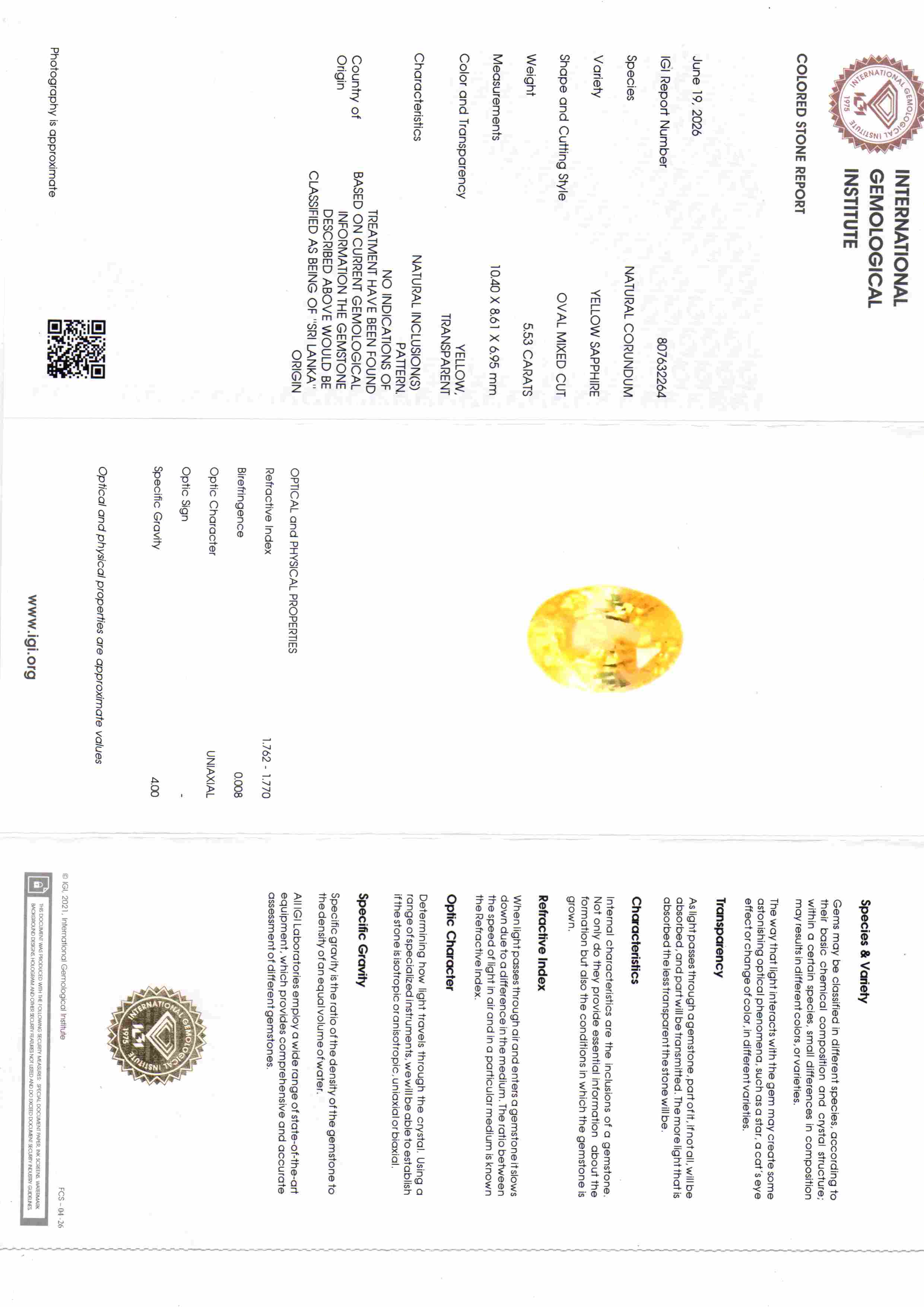 5.53 Ct IGI Certified Unheated Natural Ceylon Yellow Sapphire Pukhraj – 6.07 Ratti