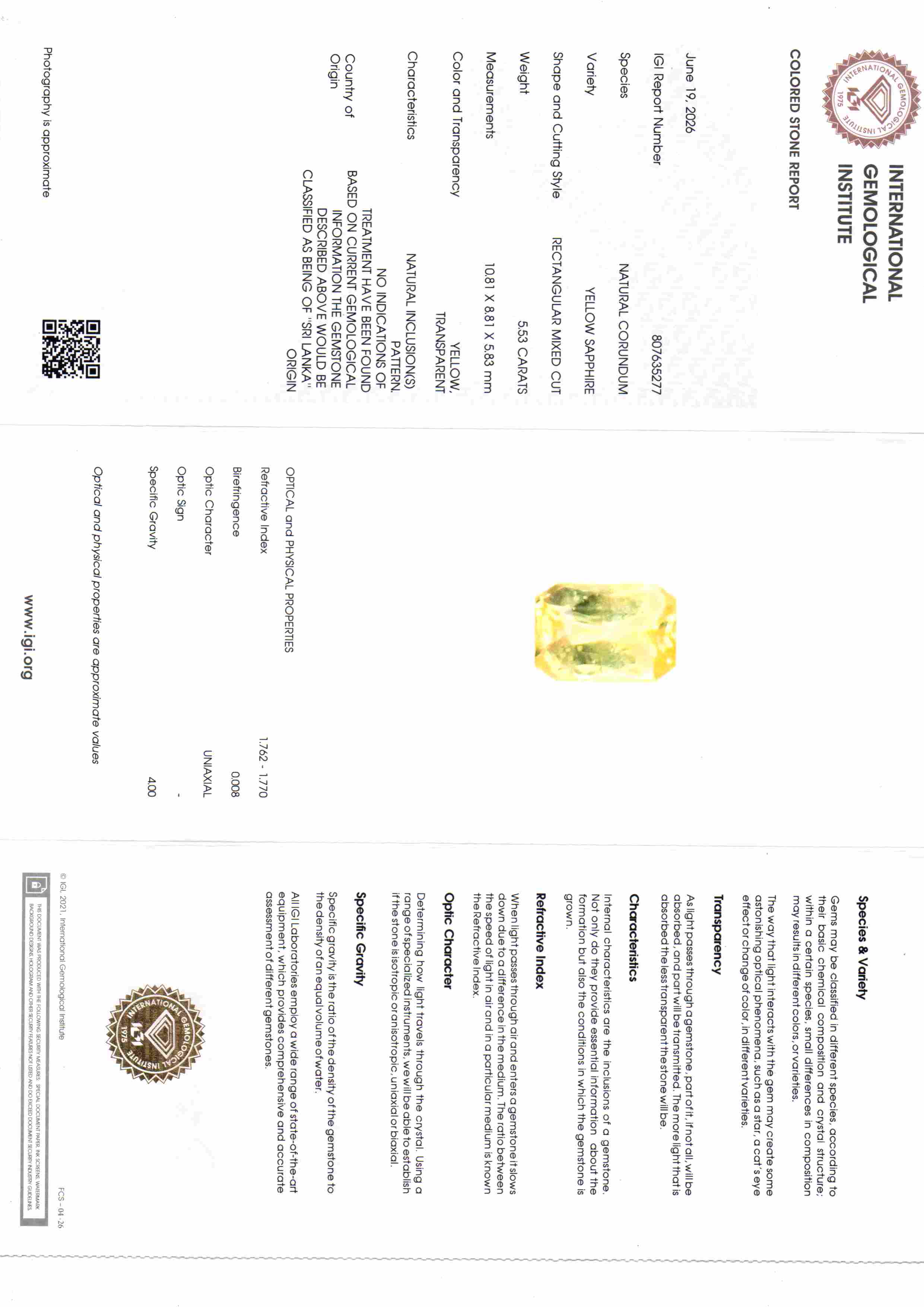5.53 Ct IGI Certified Unheated Natural Ceylon Yellow Sapphire Pukhraj – 6.07 Ratti