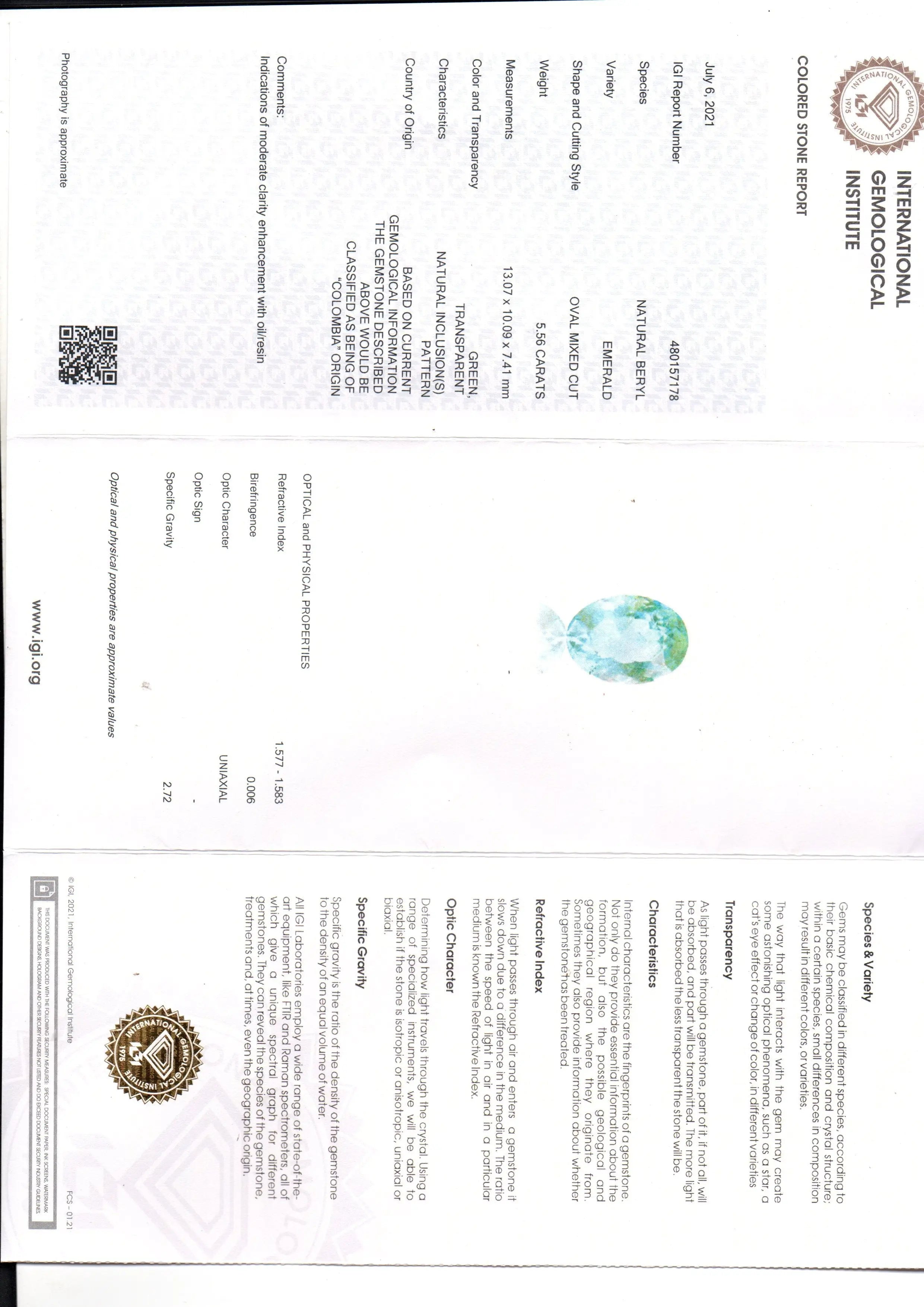 5.56 Ct IGI Certified Untreated Natural Colombian Emerald Gems AAA