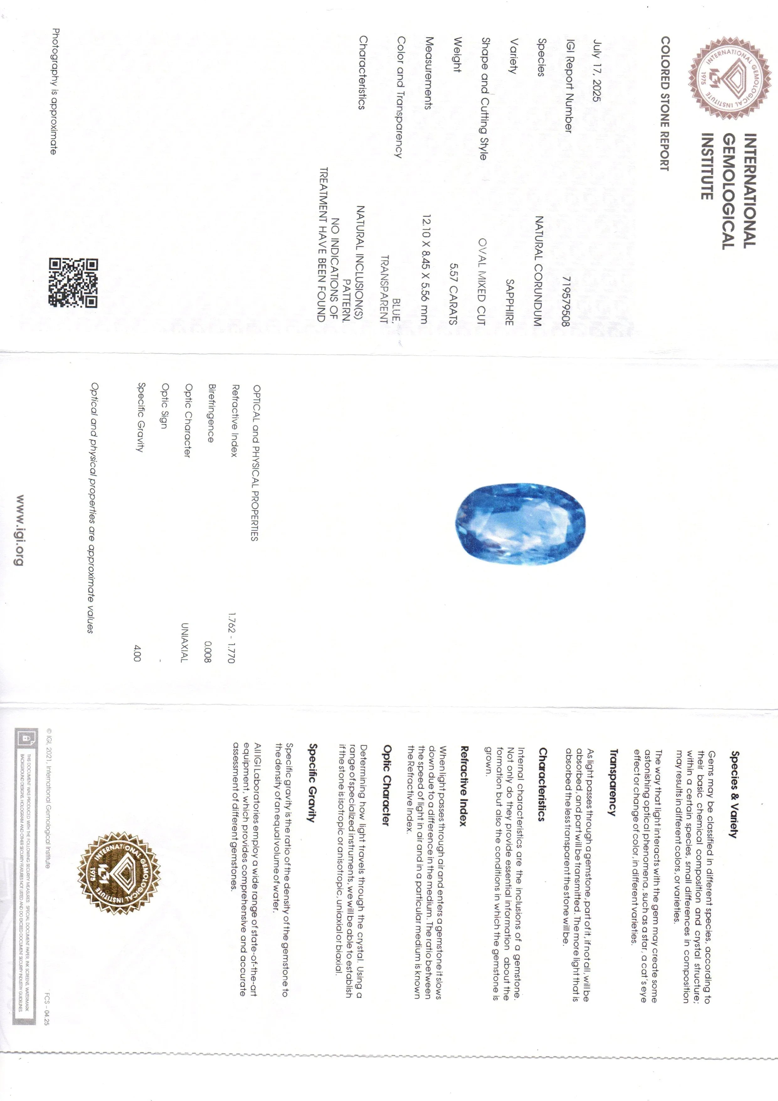 5.57 Ct IGI Certified Unheated Untreated Natural Ceylon Blue Sapphire - Venus Gems