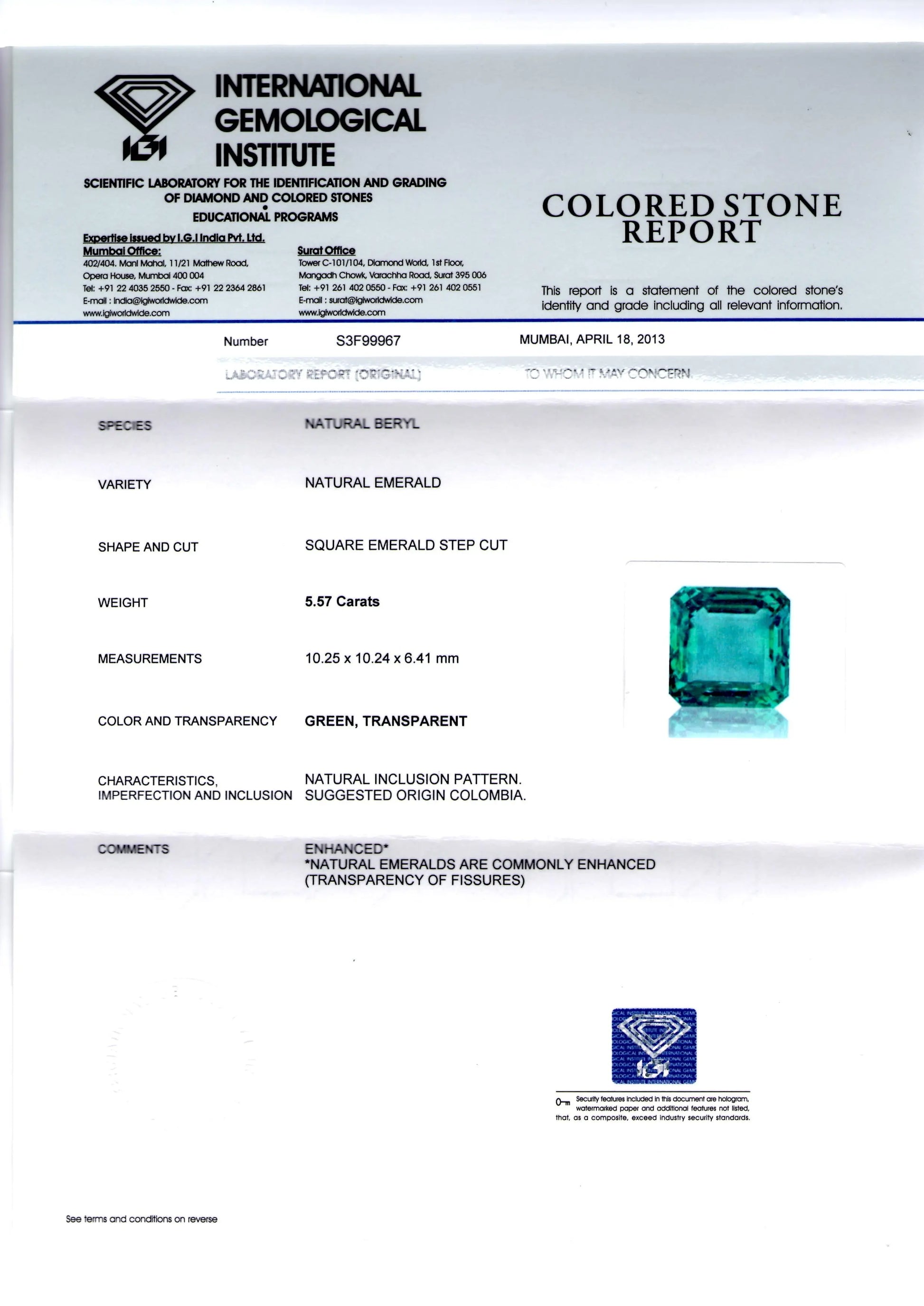 5.57 Ct Top Quality IGI Certified Natural Eye Clean Colombian Emerald AAAAA