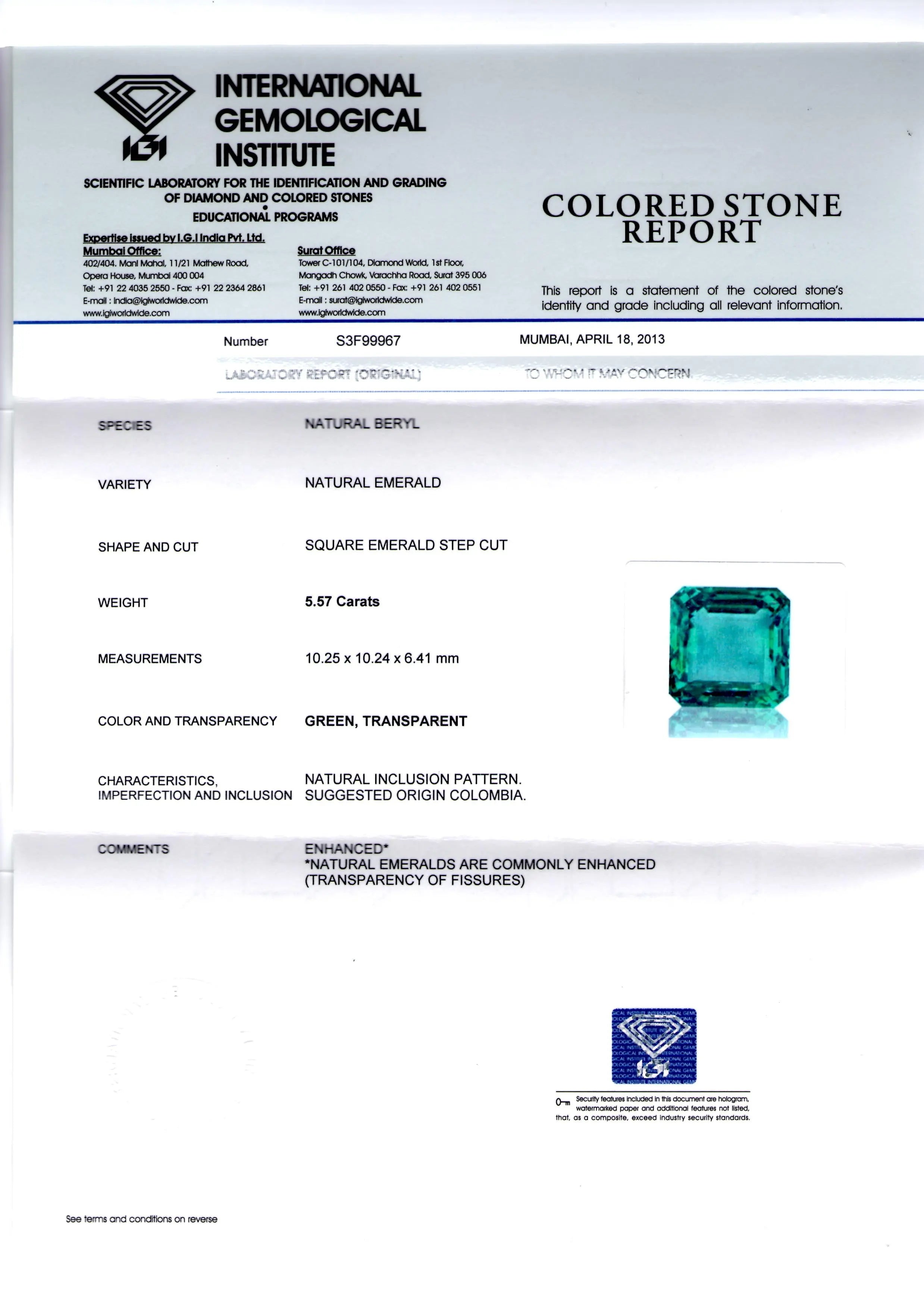 5.57 Ct Top Quality IGI Certified Natural Eye Clean Colombian Emerald AAAAA
