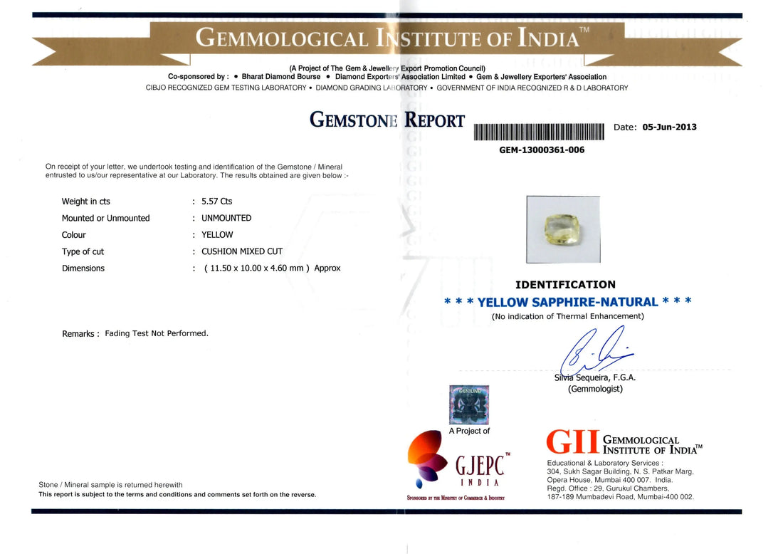 5.57 Ct GII Certified Unheated Natural Ceylon Yellow Sapphire/Pukhraj AAA