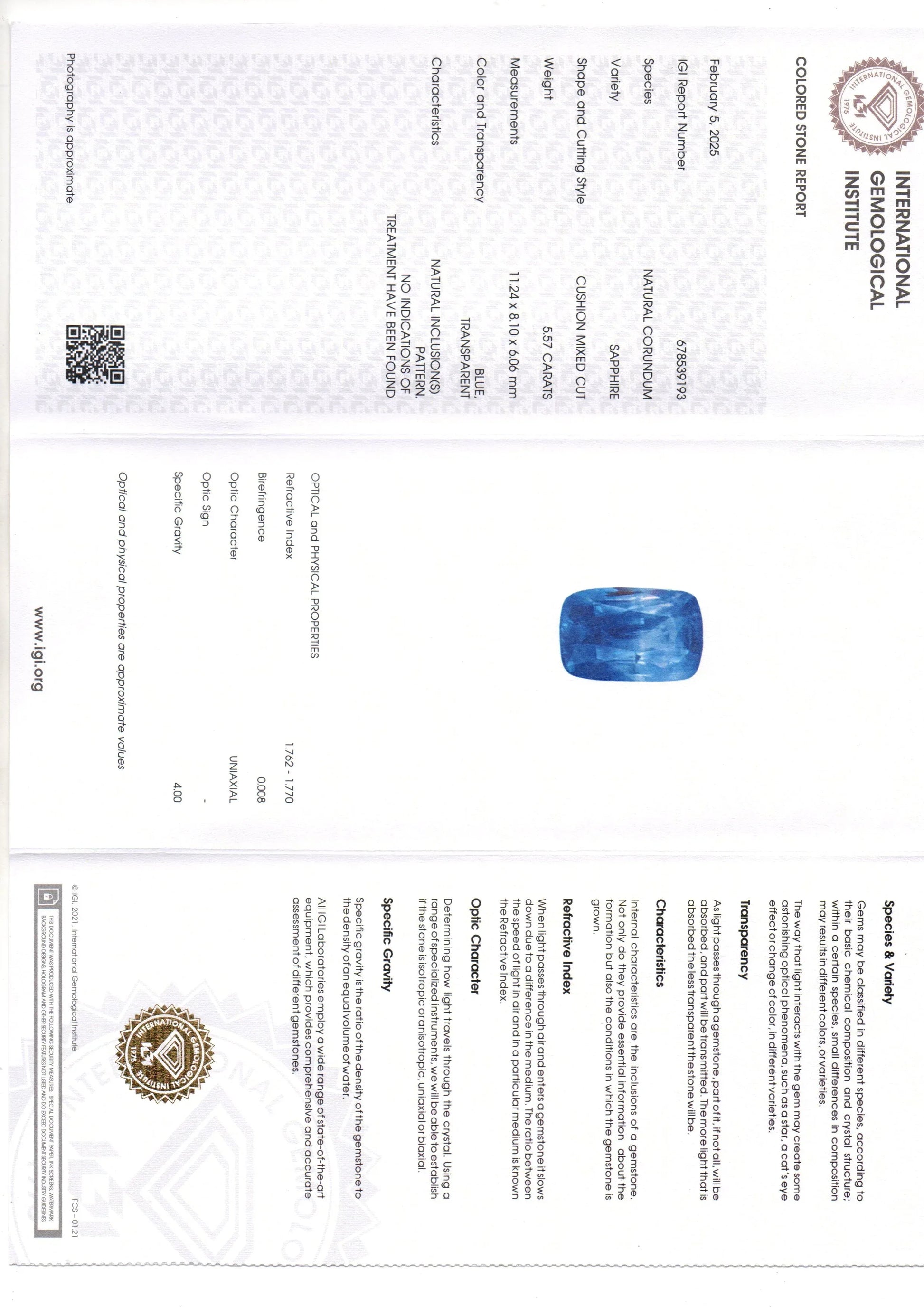 5.57 Ct IGI Certified Unheated Untreated Natural Ceylon Blue Sapphire - Venus Gems