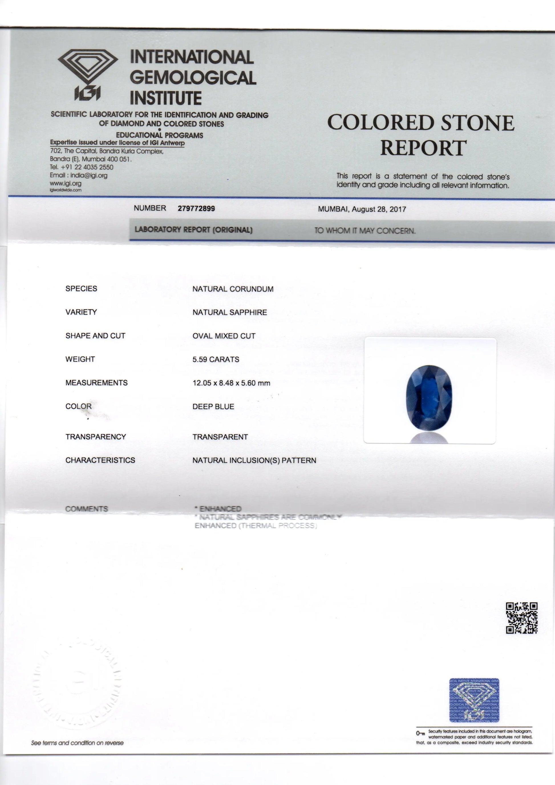 5.59 Ct IGI Certified Untreated Natural Ceylon Deep Blue Sapphire AA