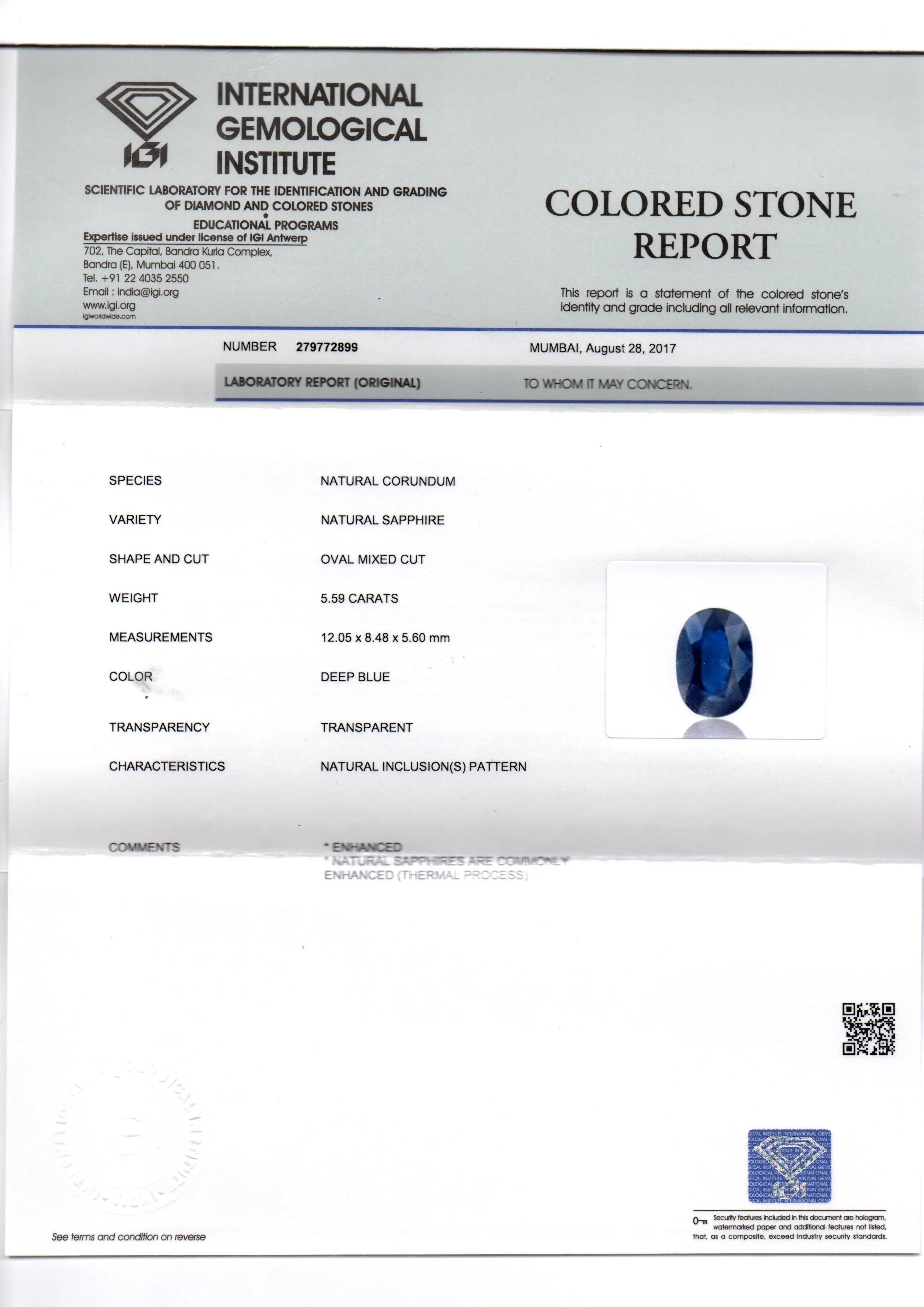 5.59 Ct IGI Certified Untreated Natural Ceylon Deep Blue Sapphire AA