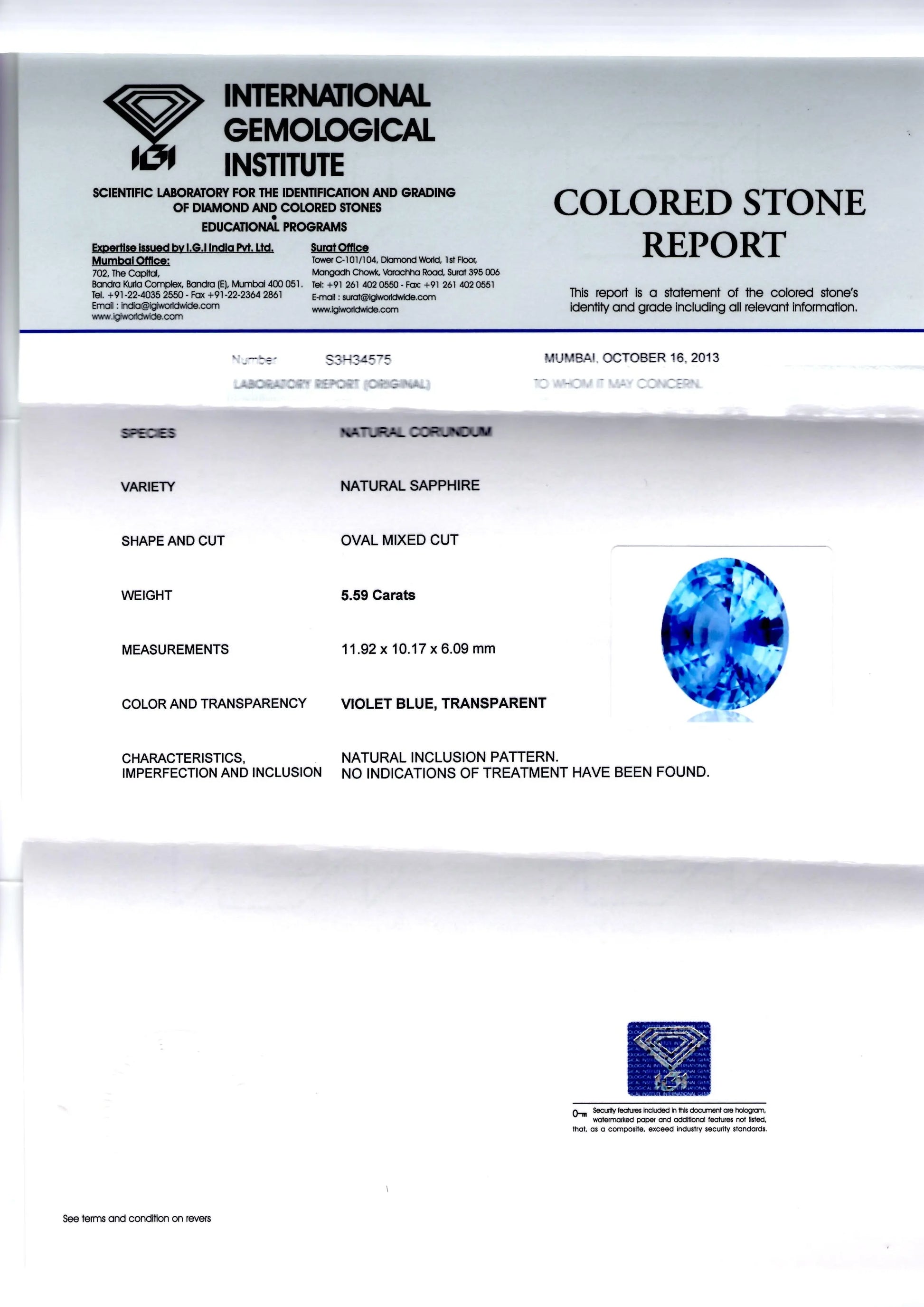 5.59 Ct Certified Unheated Untreated Natural Ceylon Blue Sapphire AAA