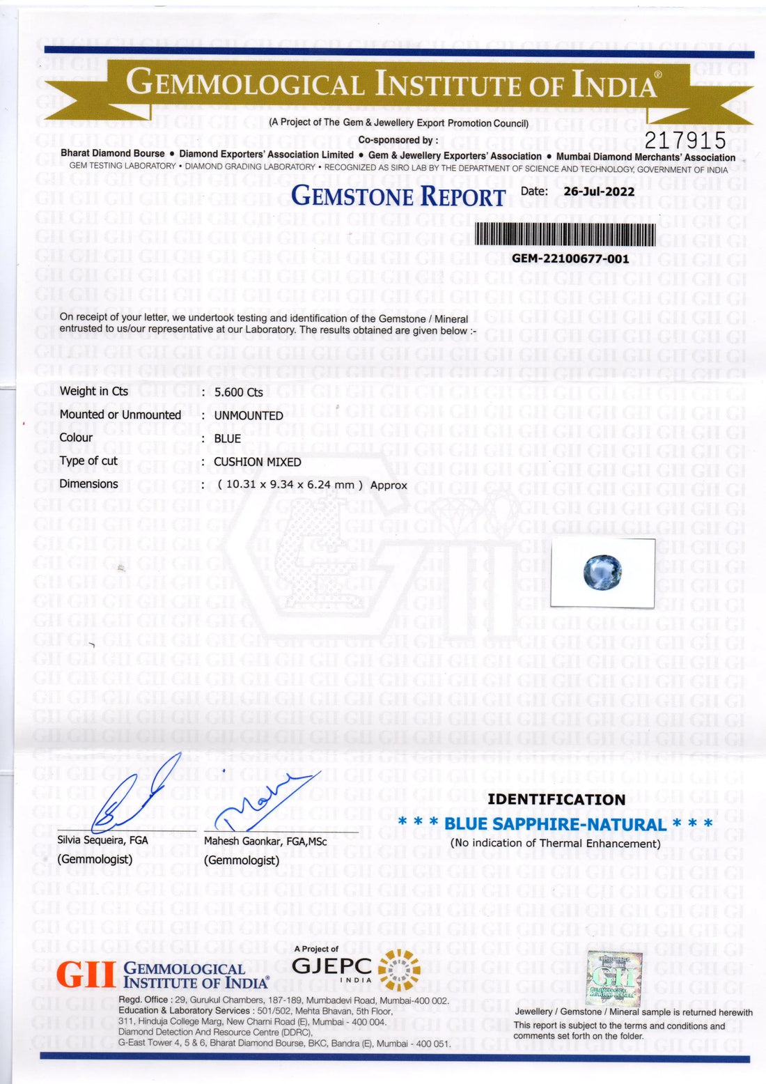 5.60 Ct GII Certified Unheated Untreated Natural Ceylon Blue Sapphire