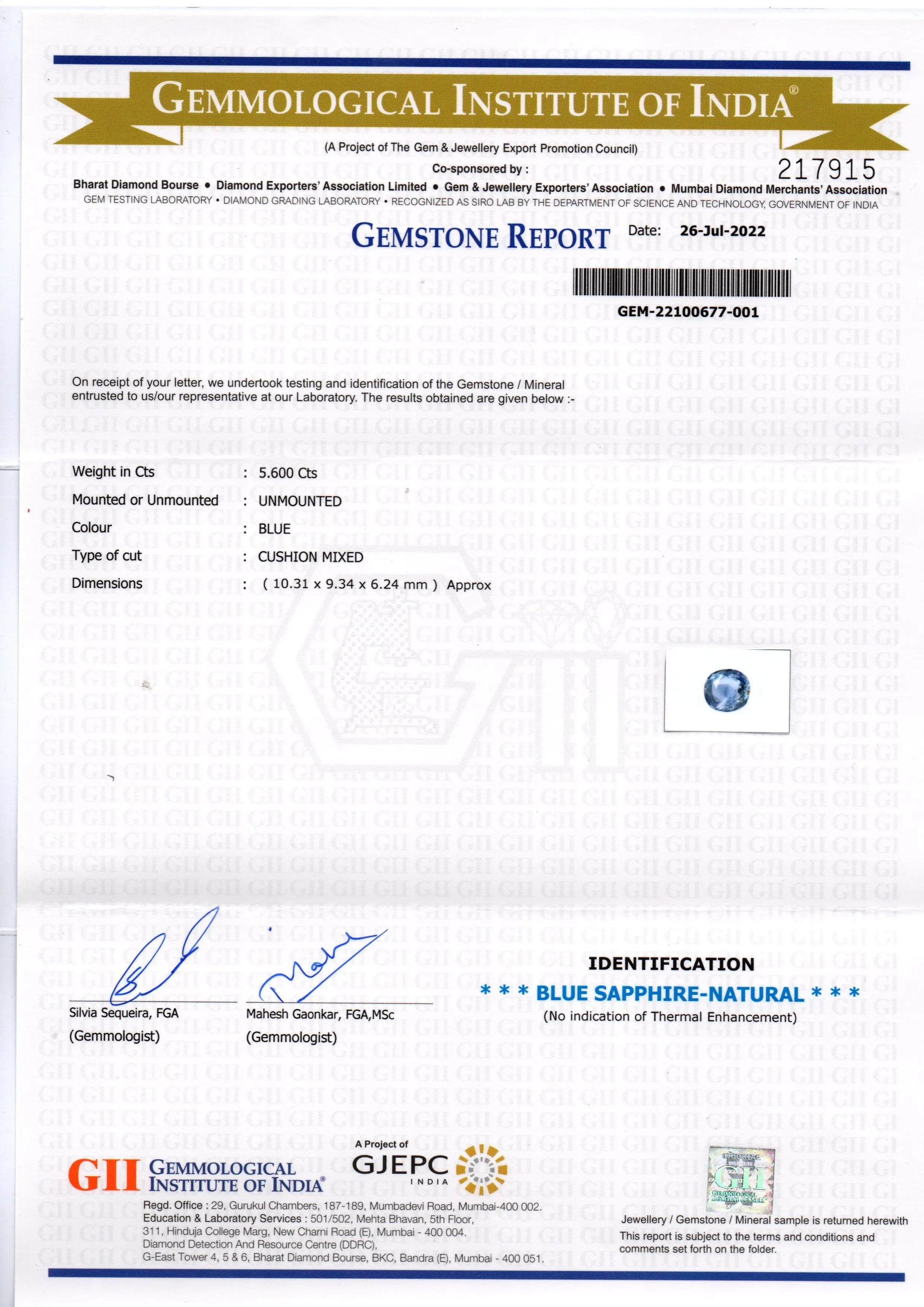 5.60 Ct GII Certified Unheated Untreated Natural Ceylon Blue Sapphire
