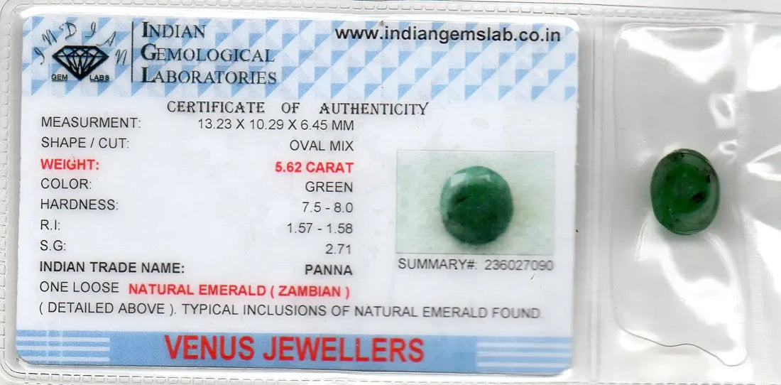5.62 Ct Certified Untreated Natural Zambian Emerald Panna Gemstone - Venus Gems