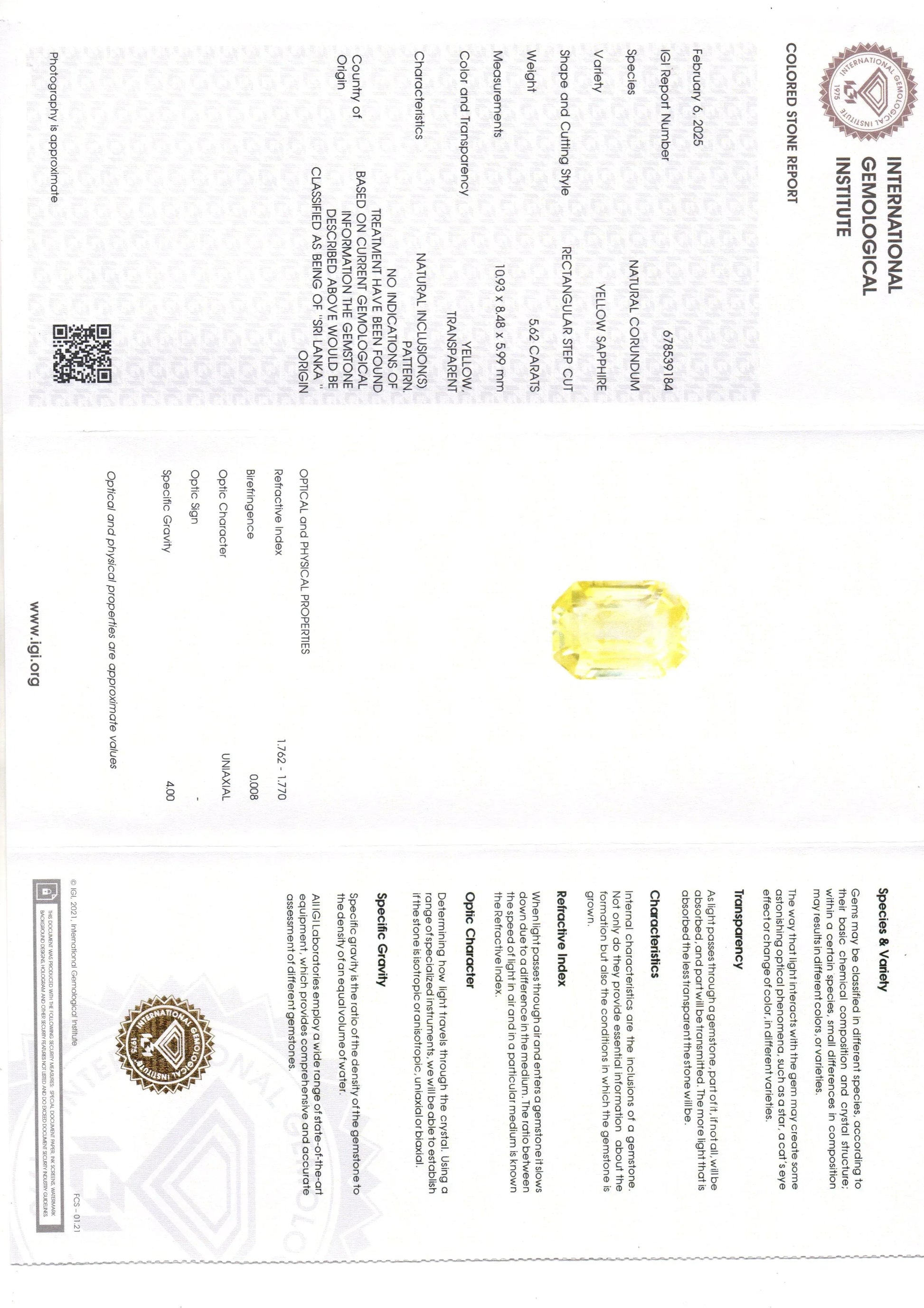 5.62 Ct IGI Certified Unheated Untreated Natural Ceylon Yellow Sapphire - Venus Gems