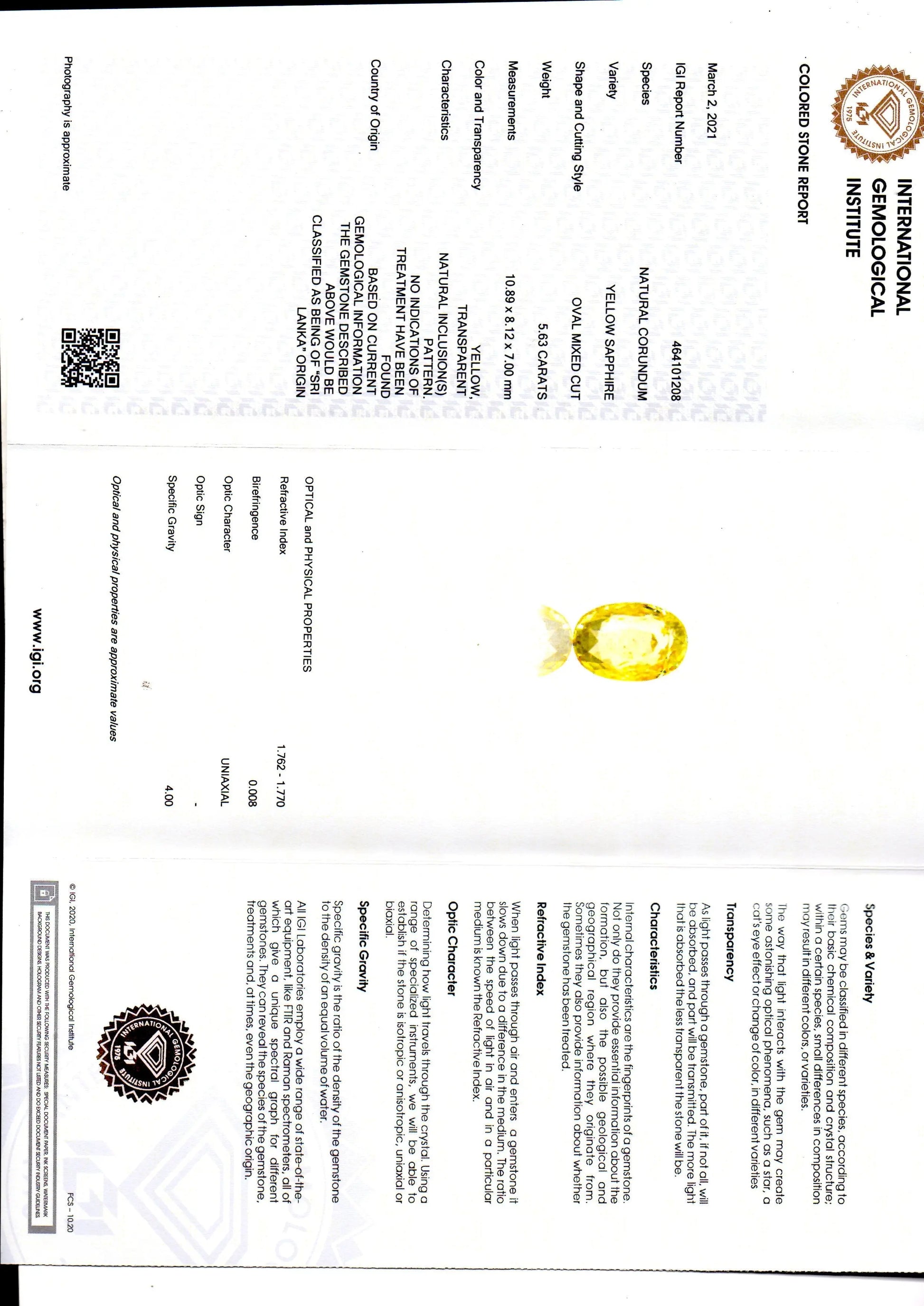 5.63 Ct IGI Certified Unheated Untreated Natural Ceylon Yellow Sapphire