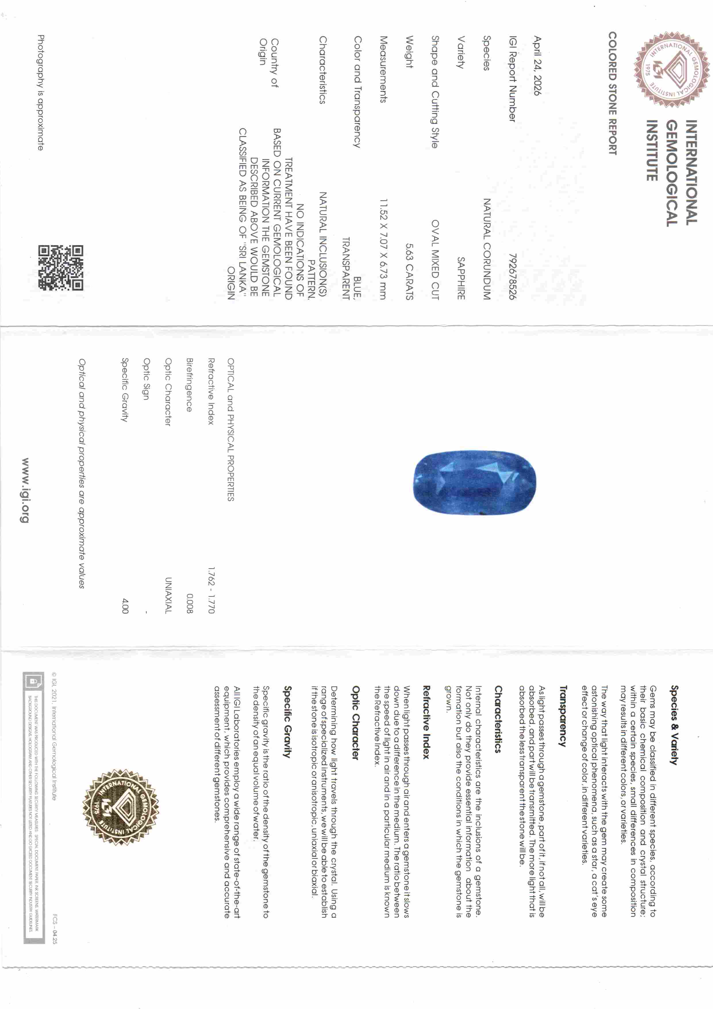 5.63 Ct IGI Certified Unheated Untreated Natural Ceylon Blue Sapphire Gems