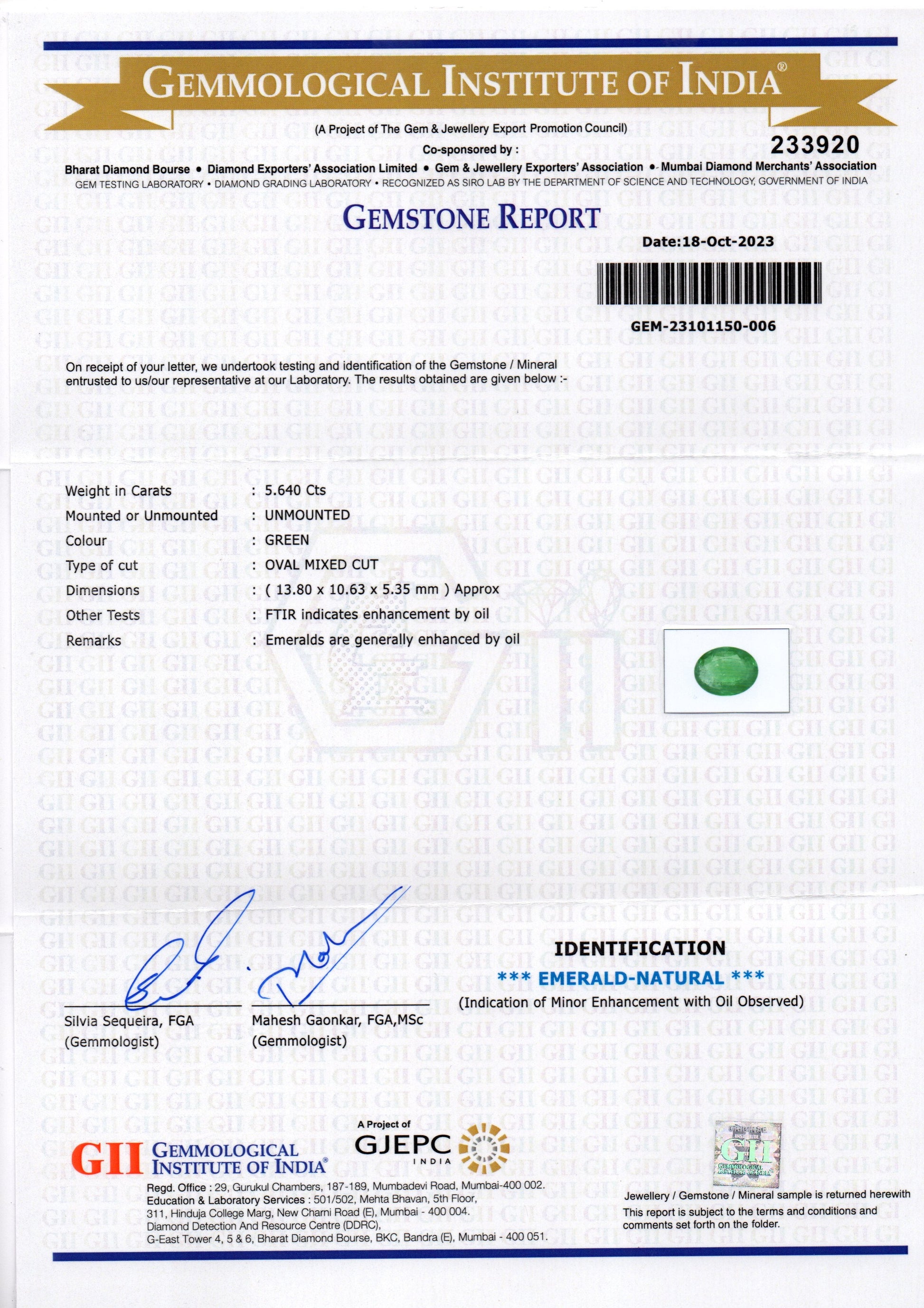 5.64 Ct GII Certified Untreated Natural Zambian Emerald Panna Gems