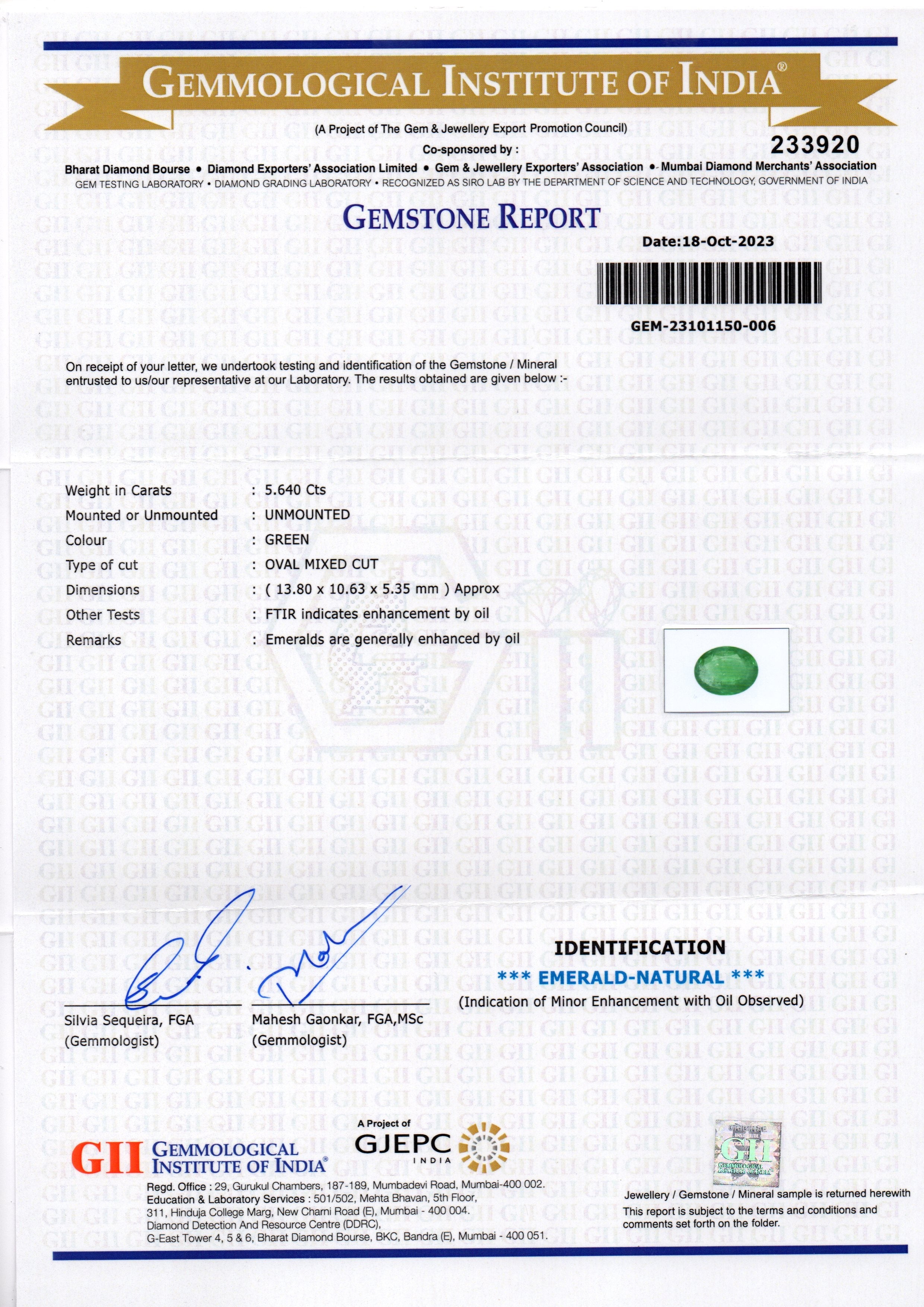 5.64 Ct GII Certified Untreated Natural Zambian Emerald Panna Gems