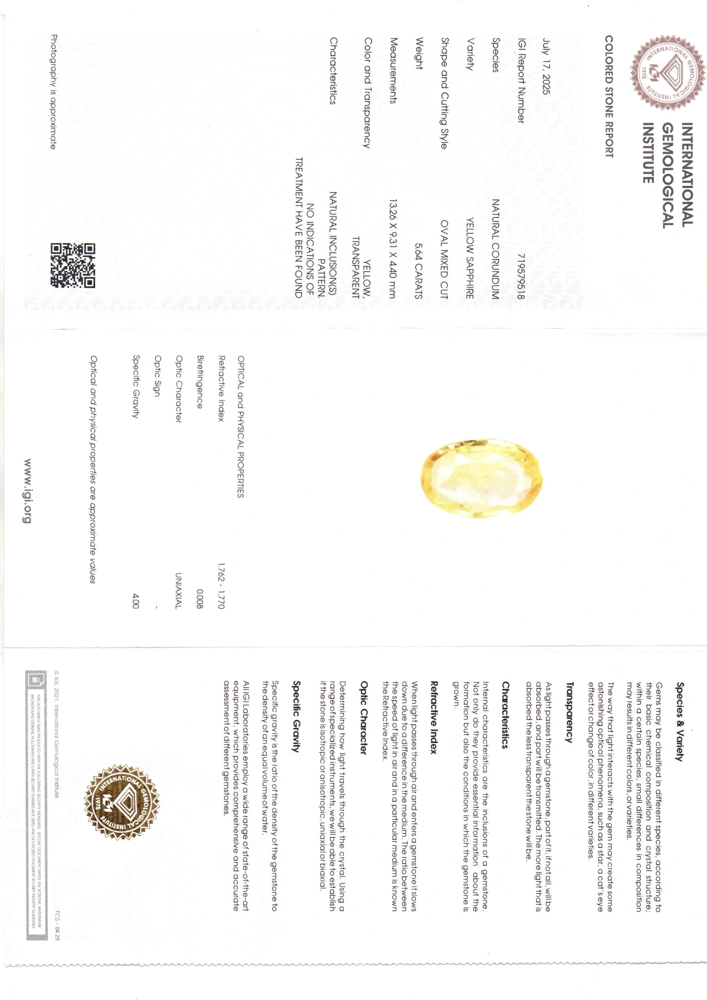5.64 Ct IGI Certified Unheated Untreated Natural Ceylon Yellow Sapphire - Venus Gems