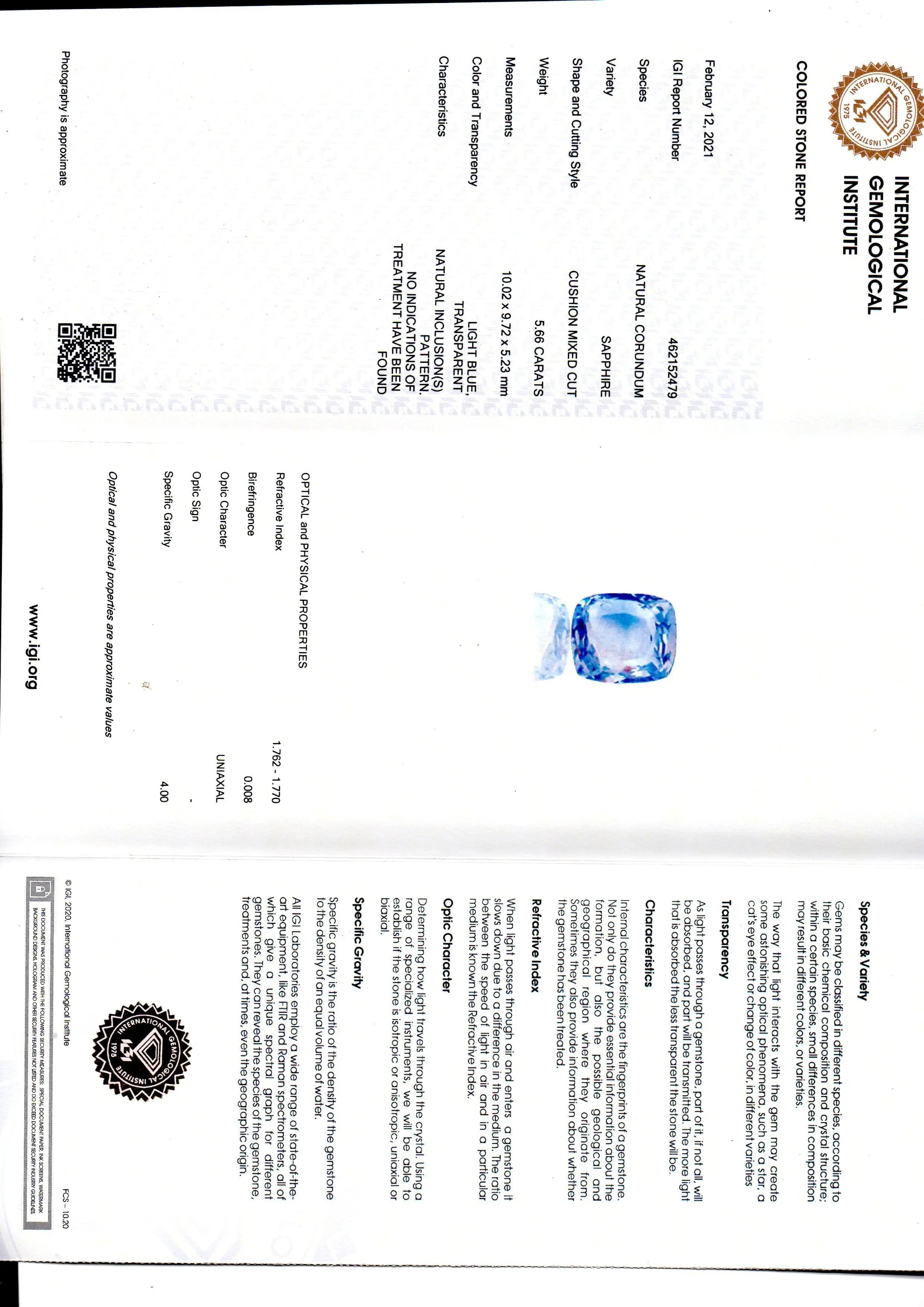 5.66 Ct IGI Certified Unheated Untreated Natural Ceylon Blue Sapphire AA