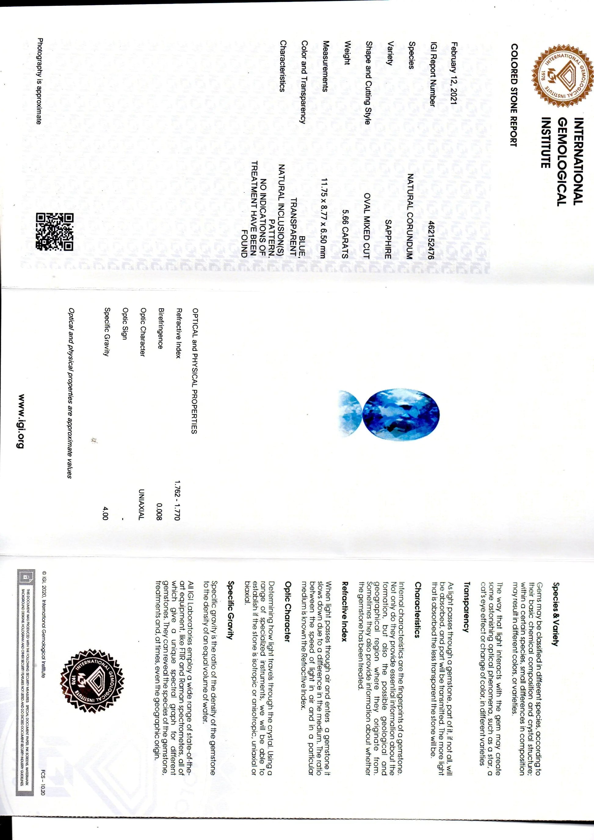 5.66 Ct IGI Certified Unheated Untreated Natural Ceylon Blue Sapphire AA