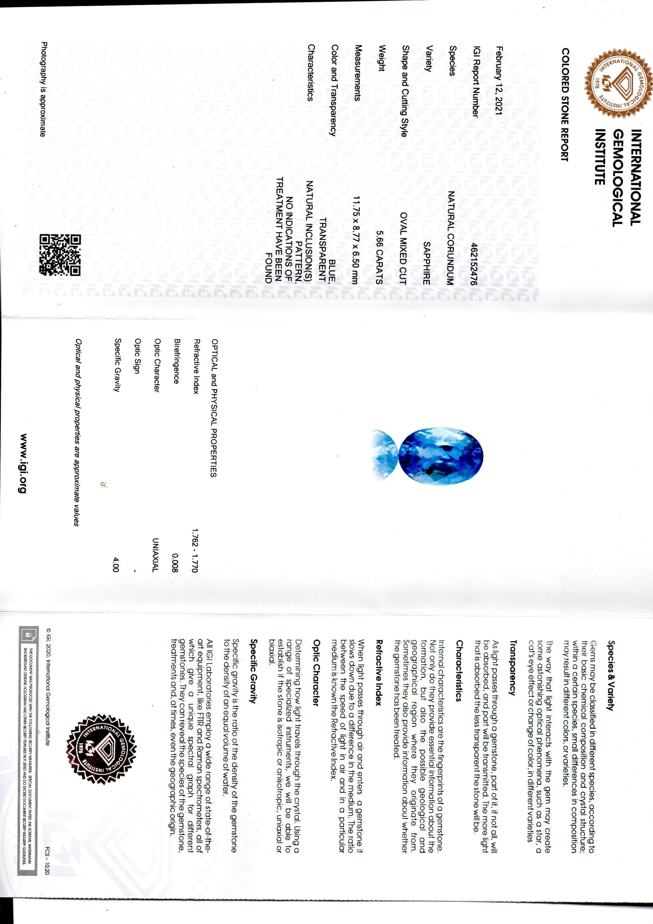 5.66 Ct IGI Certified Unheated Untreated Natural Ceylon Blue Sapphire AA