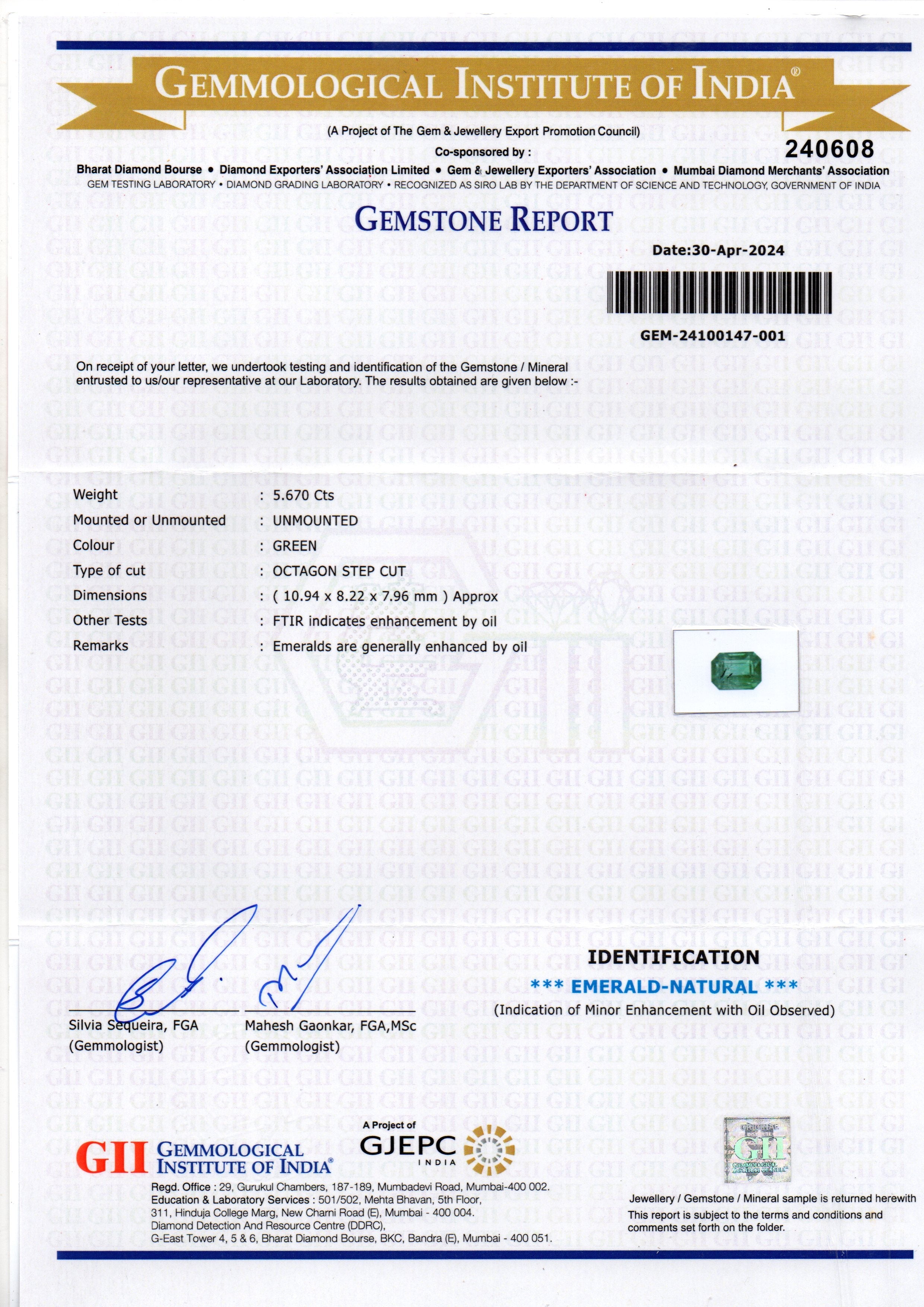 5.67 Ct GII Certified Untreated Natural Zambian Emerald Panna AAAA