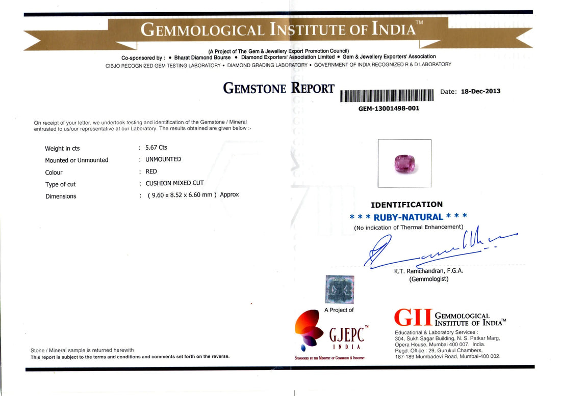5.67 Ct GII Certified Unheated Untreated Natural Madagaskar Ruby