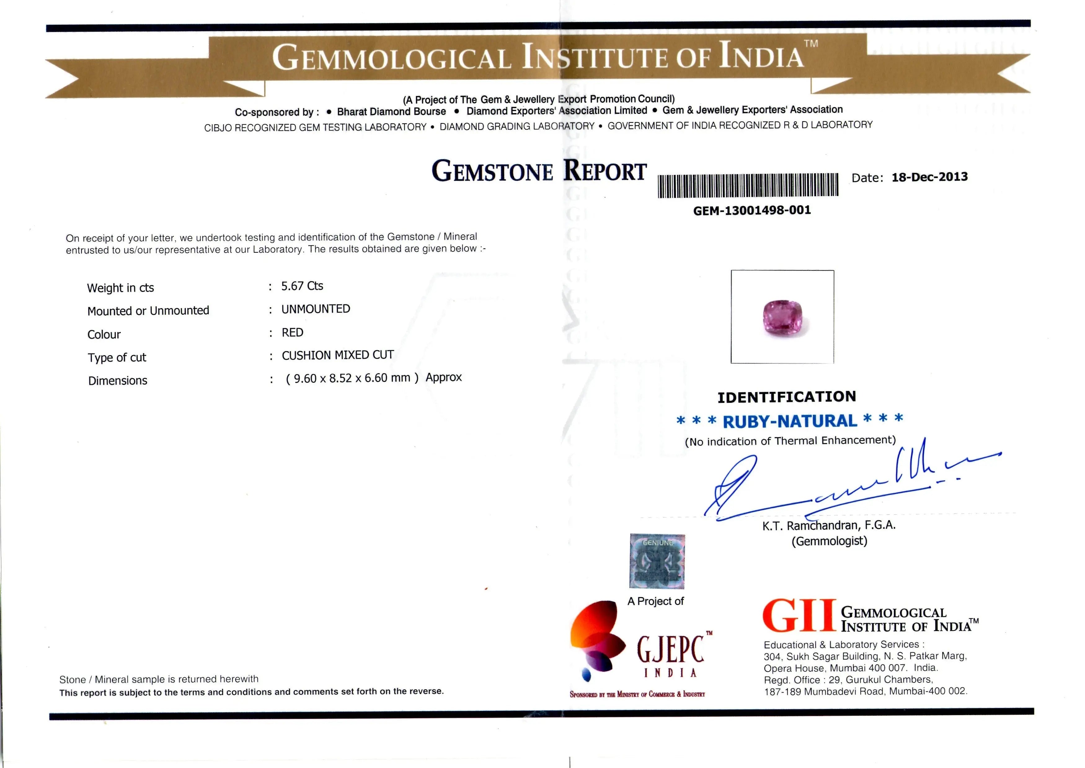 5.67 Ct GII Certified Unheated Untreated Natural Madagaskar Ruby