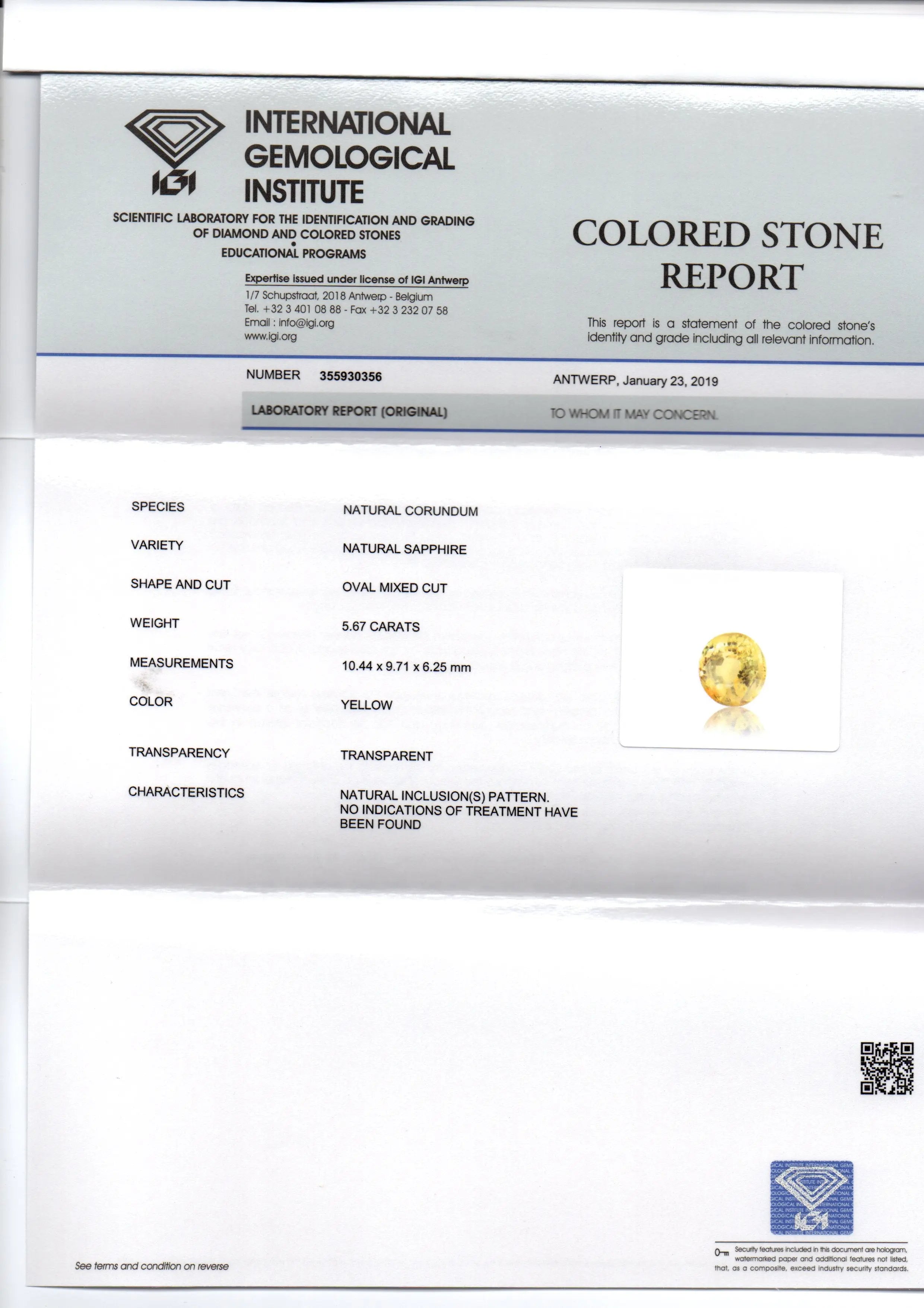 5.67 Ct IGI Certified Unheated Untreted Natural Ceylon Yellow Sapphire