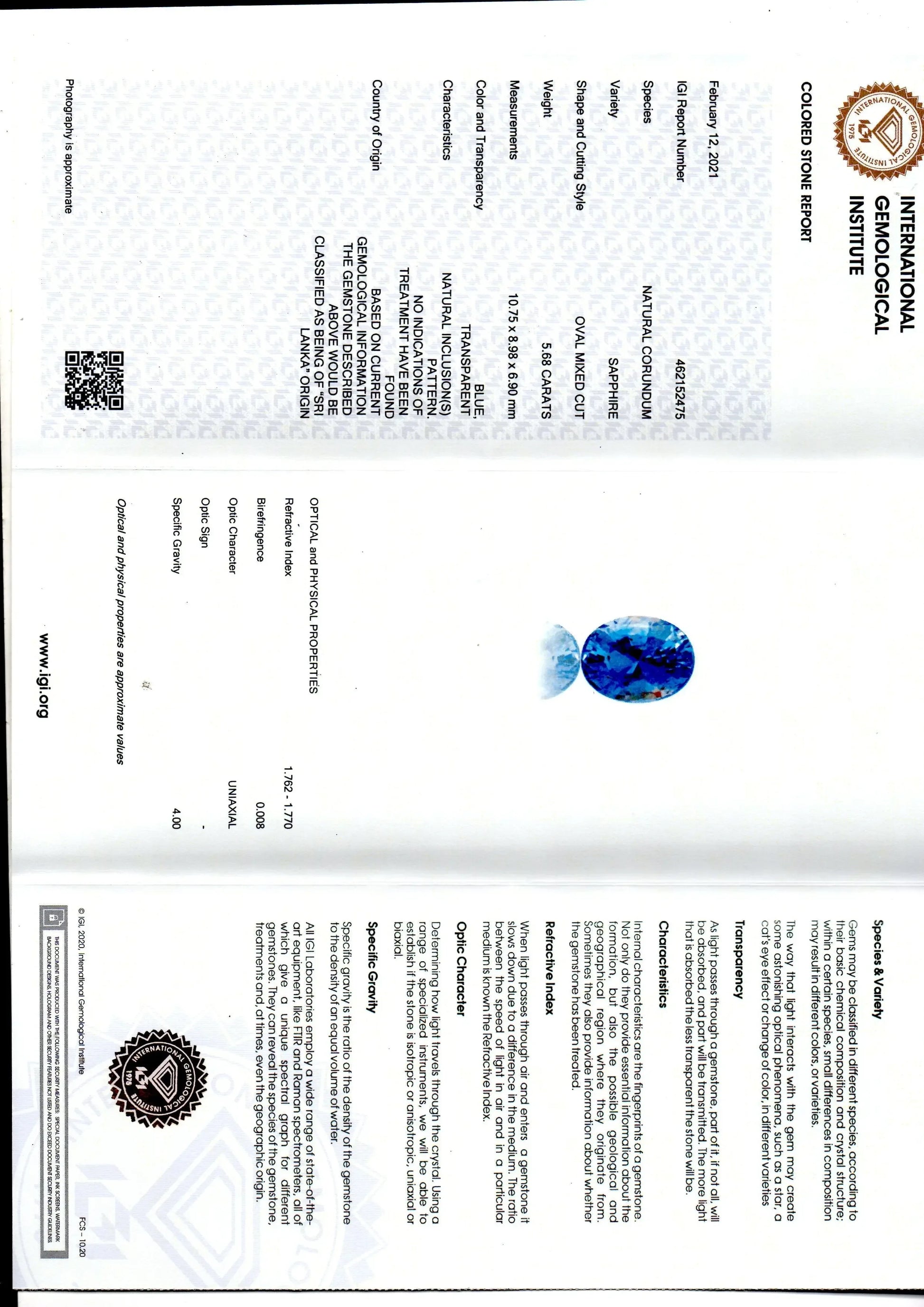 5.68 Ct IGI Certified Unheated Untreated Natural Ceylon Blue Sapphire AA - Venus Gems