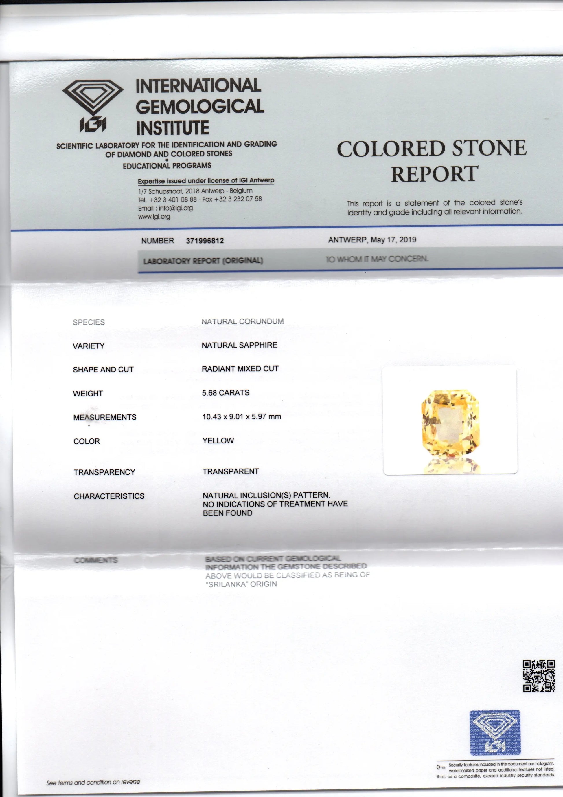 5.68 Ct IGI Certified Unheated Untreated Natural Ceylon Yellow Sapphire