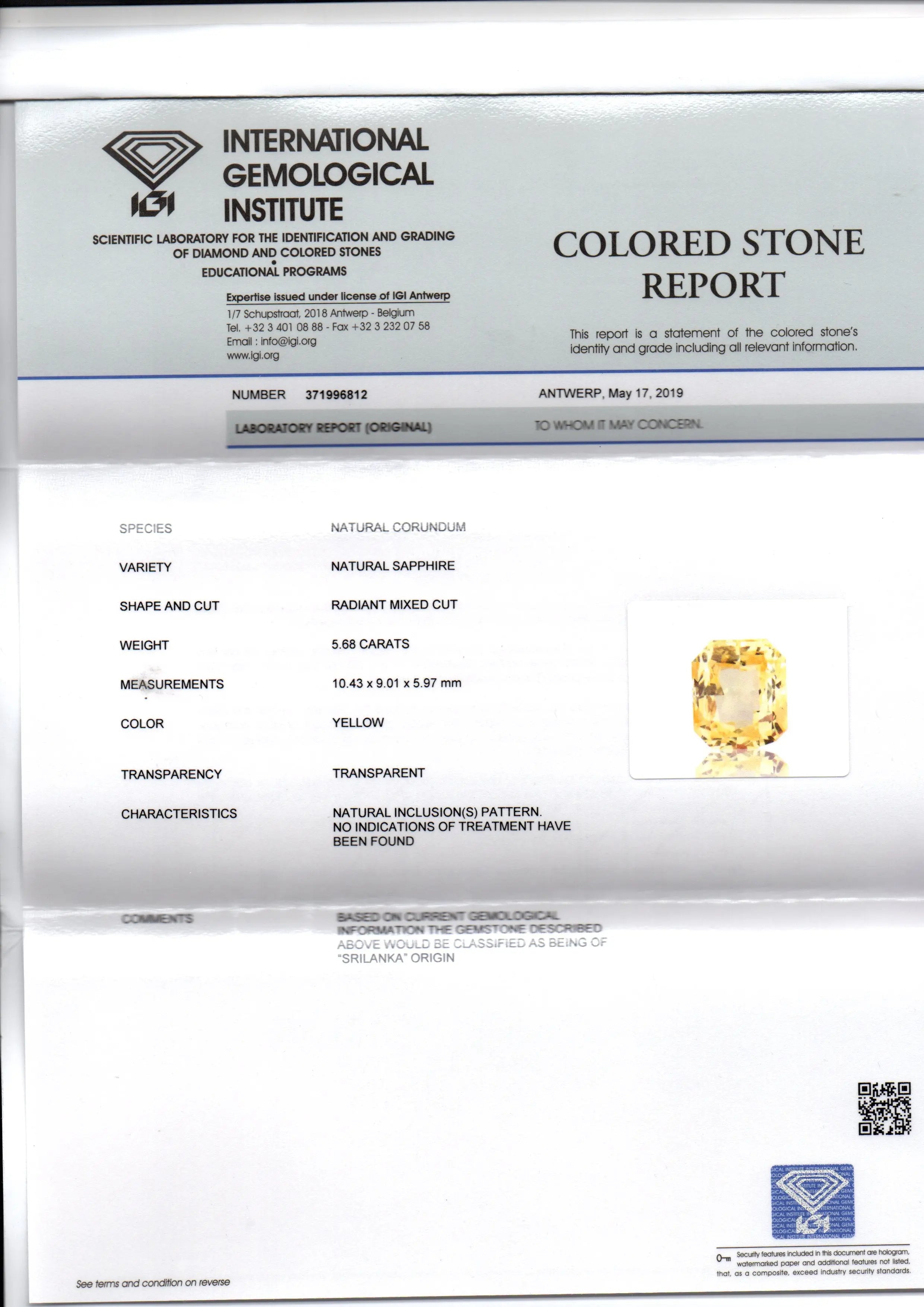5.68 Ct IGI Certified Unheated Untreated Natural Ceylon Yellow Sapphire