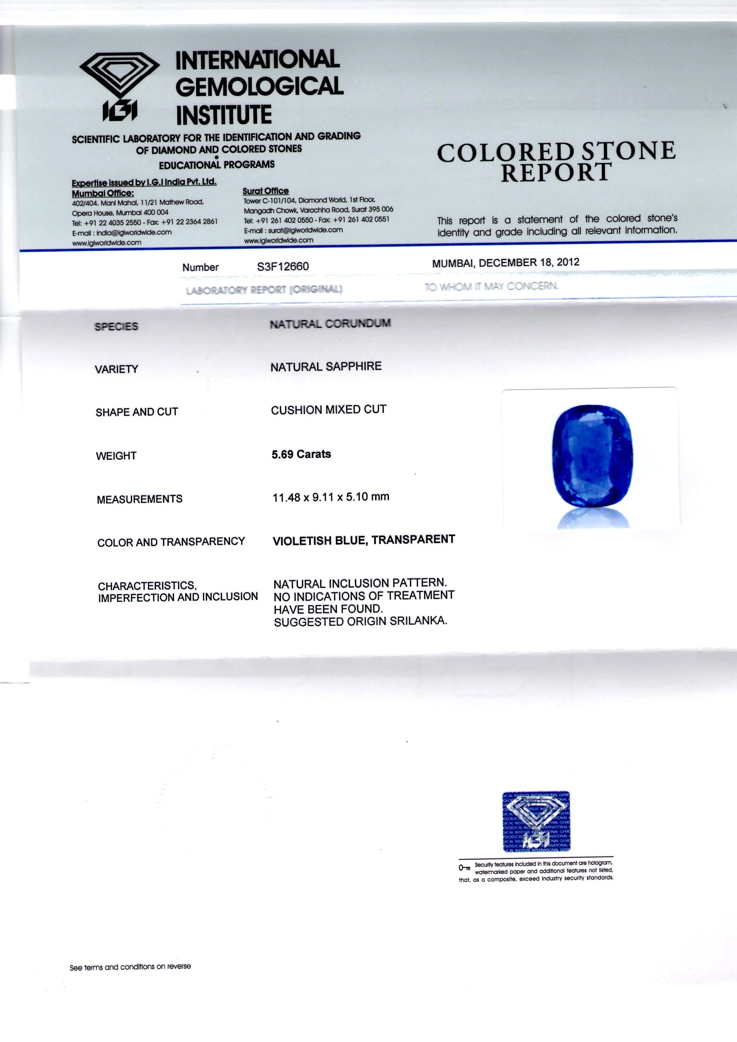 5.69 Ct IGI Certified Unheated Natural Ceylon Blue Sapphire ++++