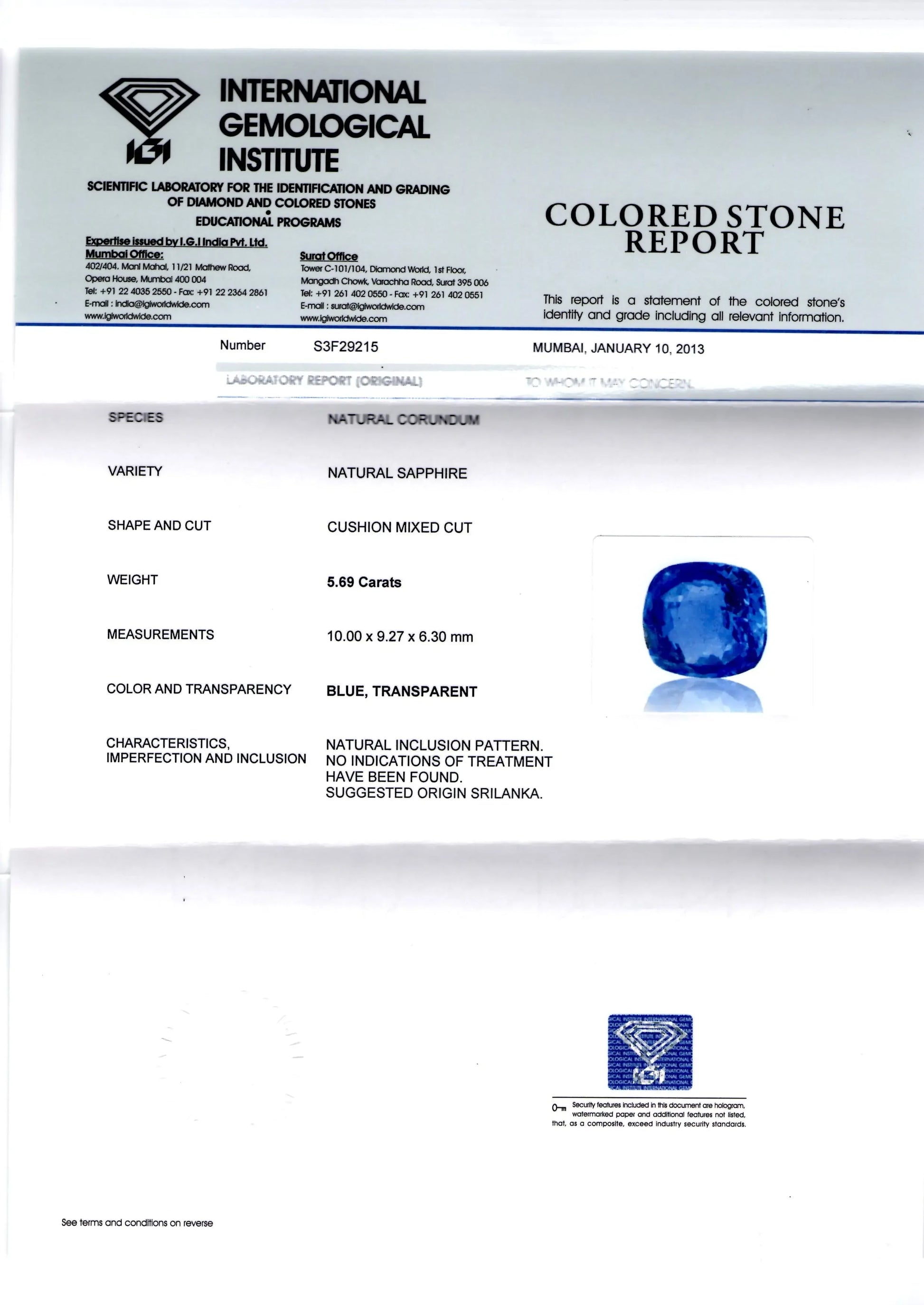 5.69 Ct IGI Certified Unheated Untreated Natural Ceylon Blue Sapphire - Venus Gems