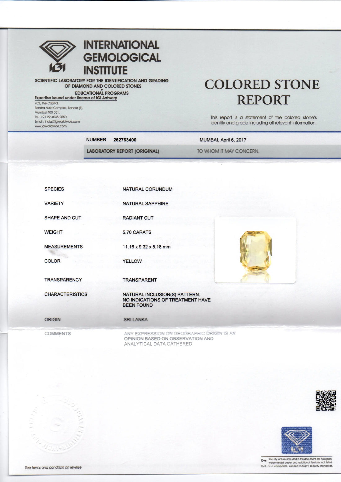 5.70 Ct IGI Certified Unheated Untreated Natural Ceylon Yellow Sapphire