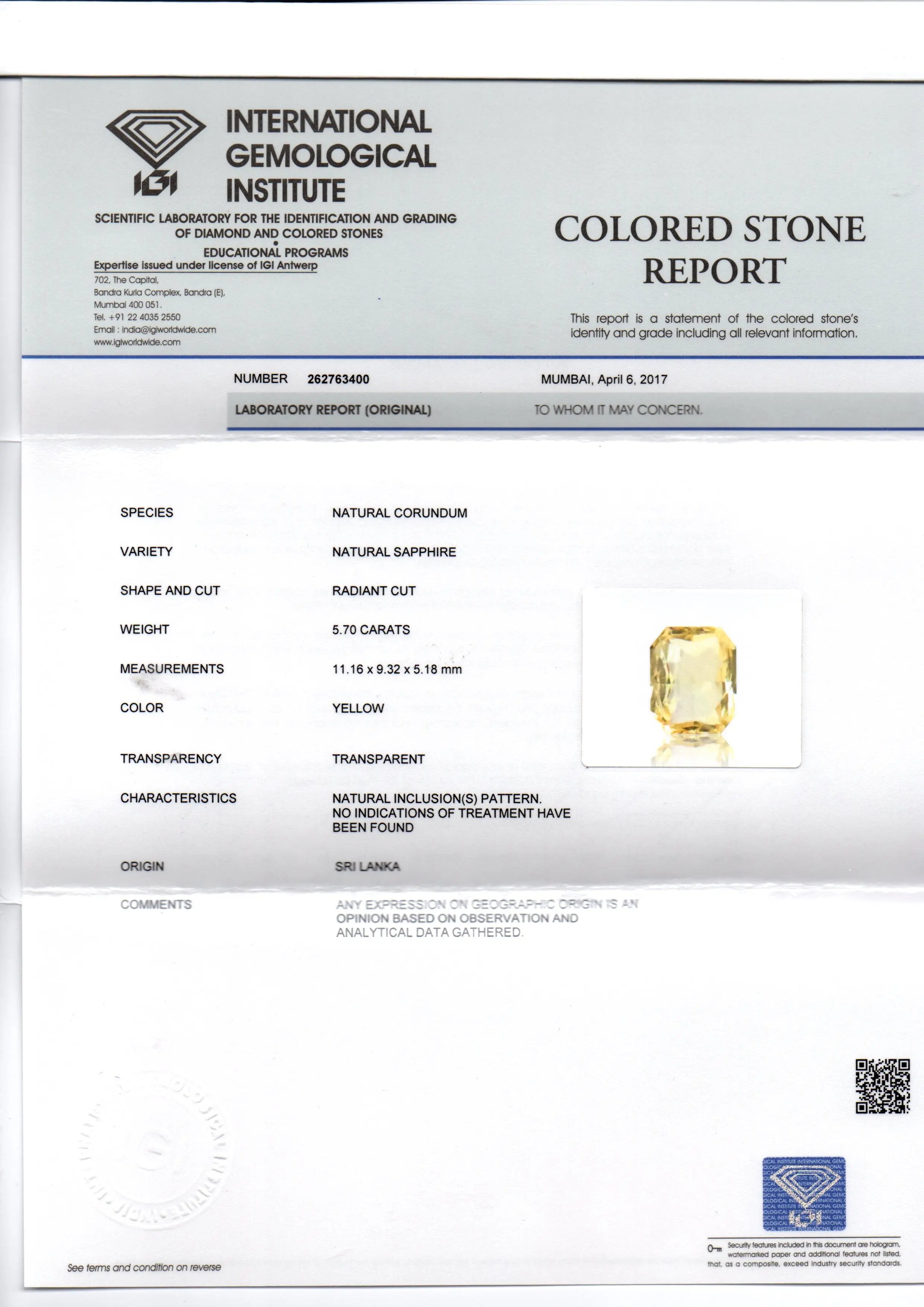 5.70 Ct IGI Certified Unheated Untreated Natural Ceylon Yellow Sapphire