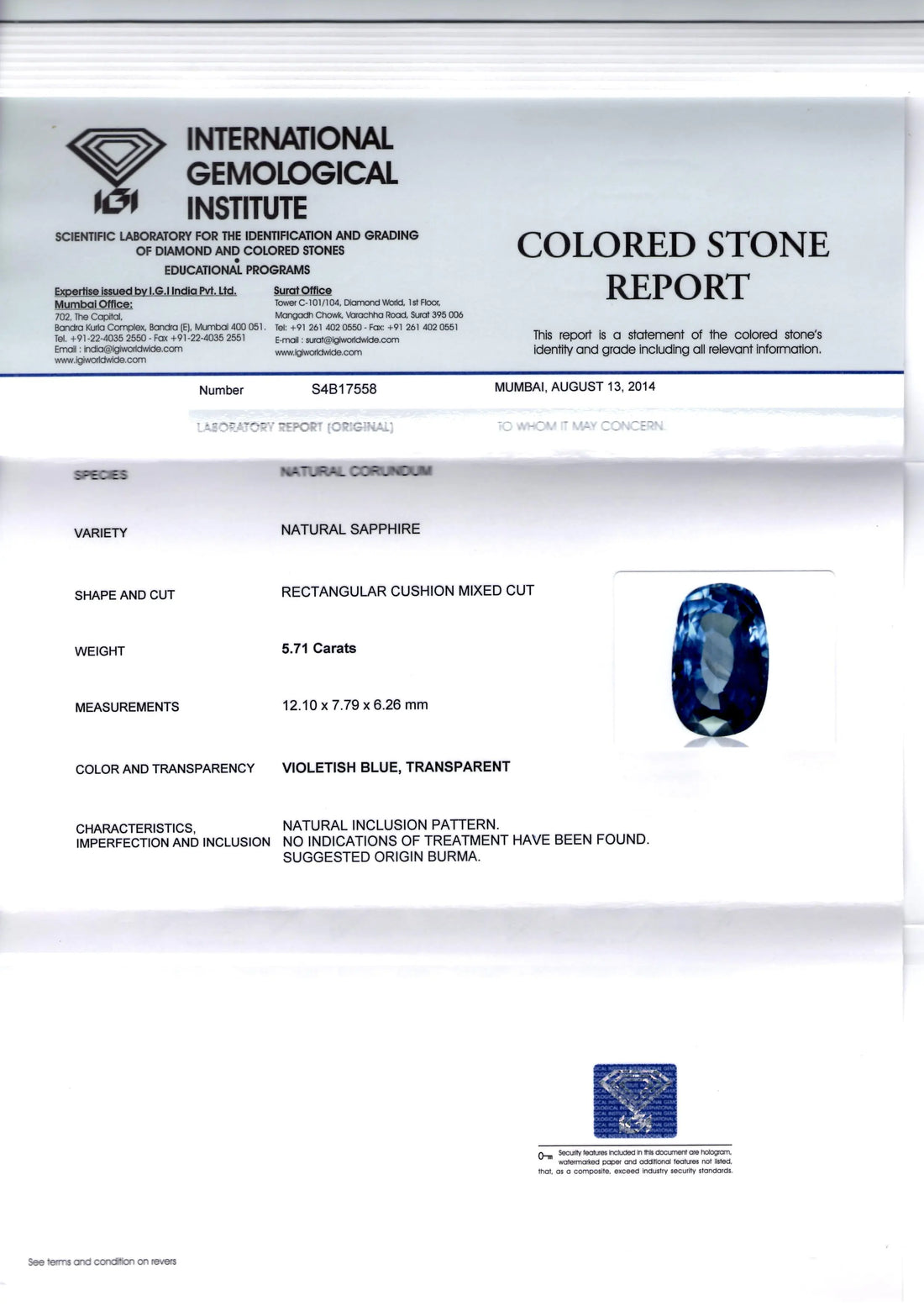 5.71 Ct IGI Certified Unheated Untreated Natural Burma Blue Sapphire