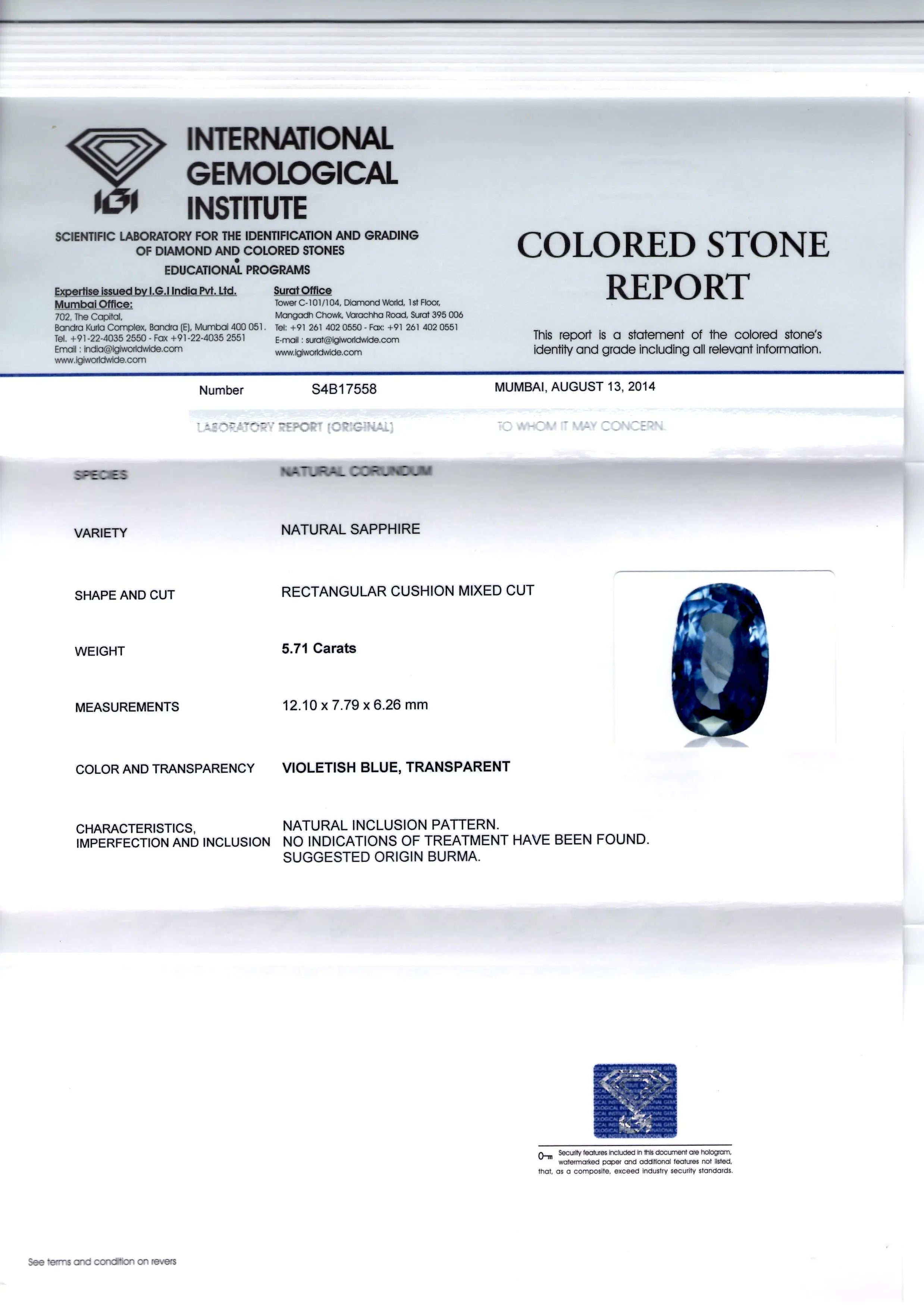 5.71 Ct IGI Certified Unheated Untreated Natural Burma Blue Sapphire