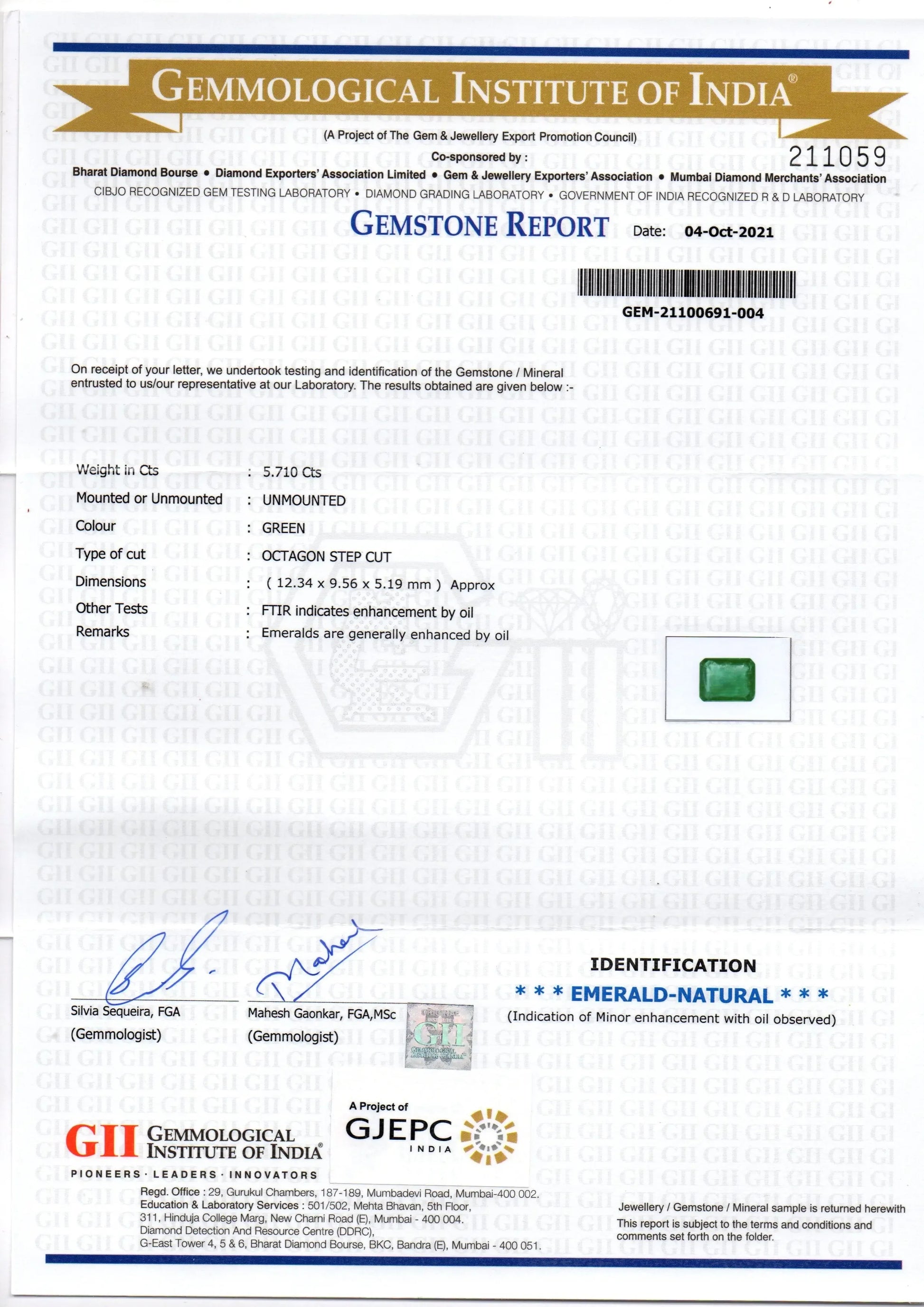 5.71 Ct GII Certified Untreated Natural Zambian Emerald Gemstone AAA - Venus Gems