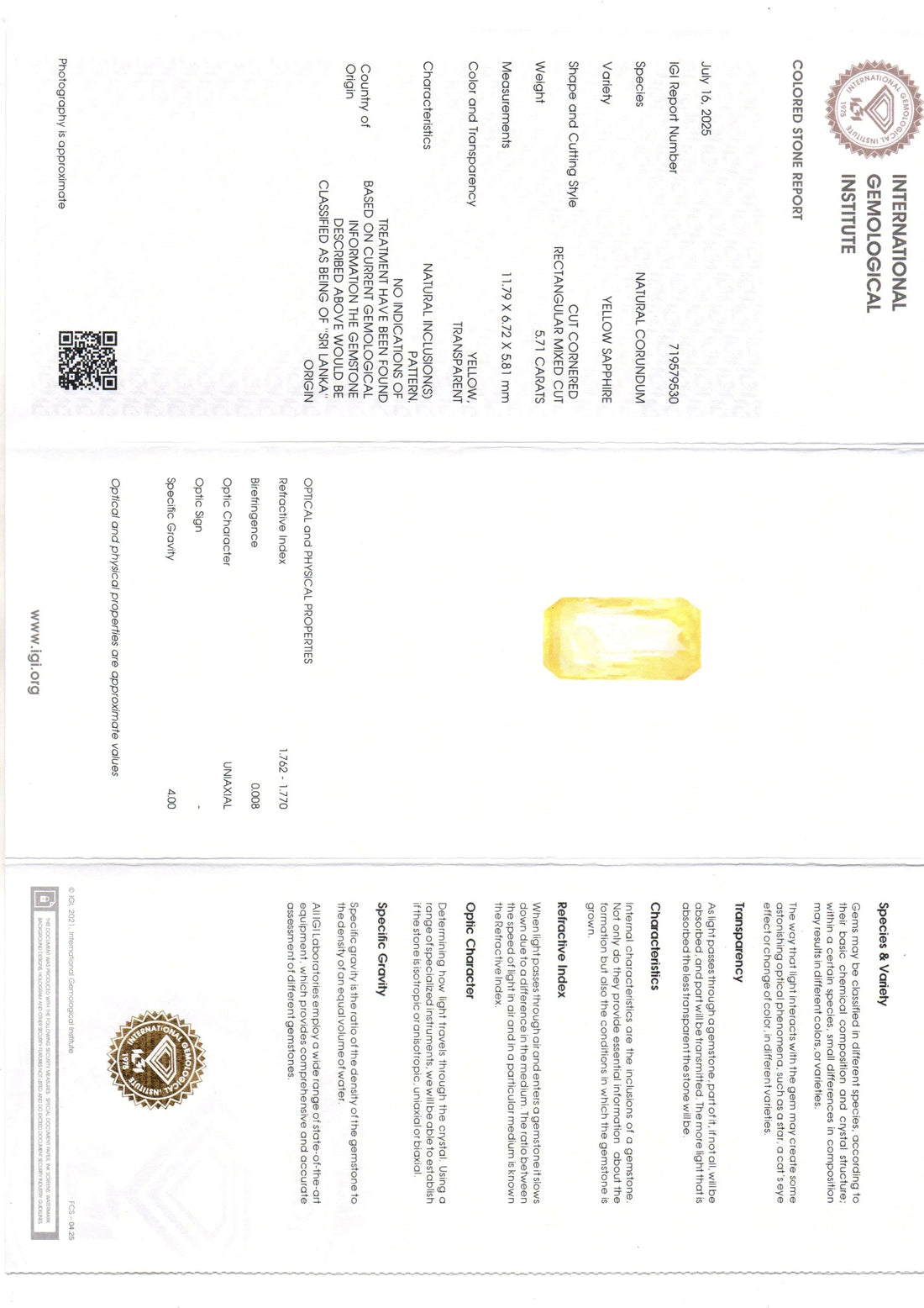 5.71 Ct IGI Certified Unheated Untreated Natural Ceylon Yellow Sapphire - Venus Gems